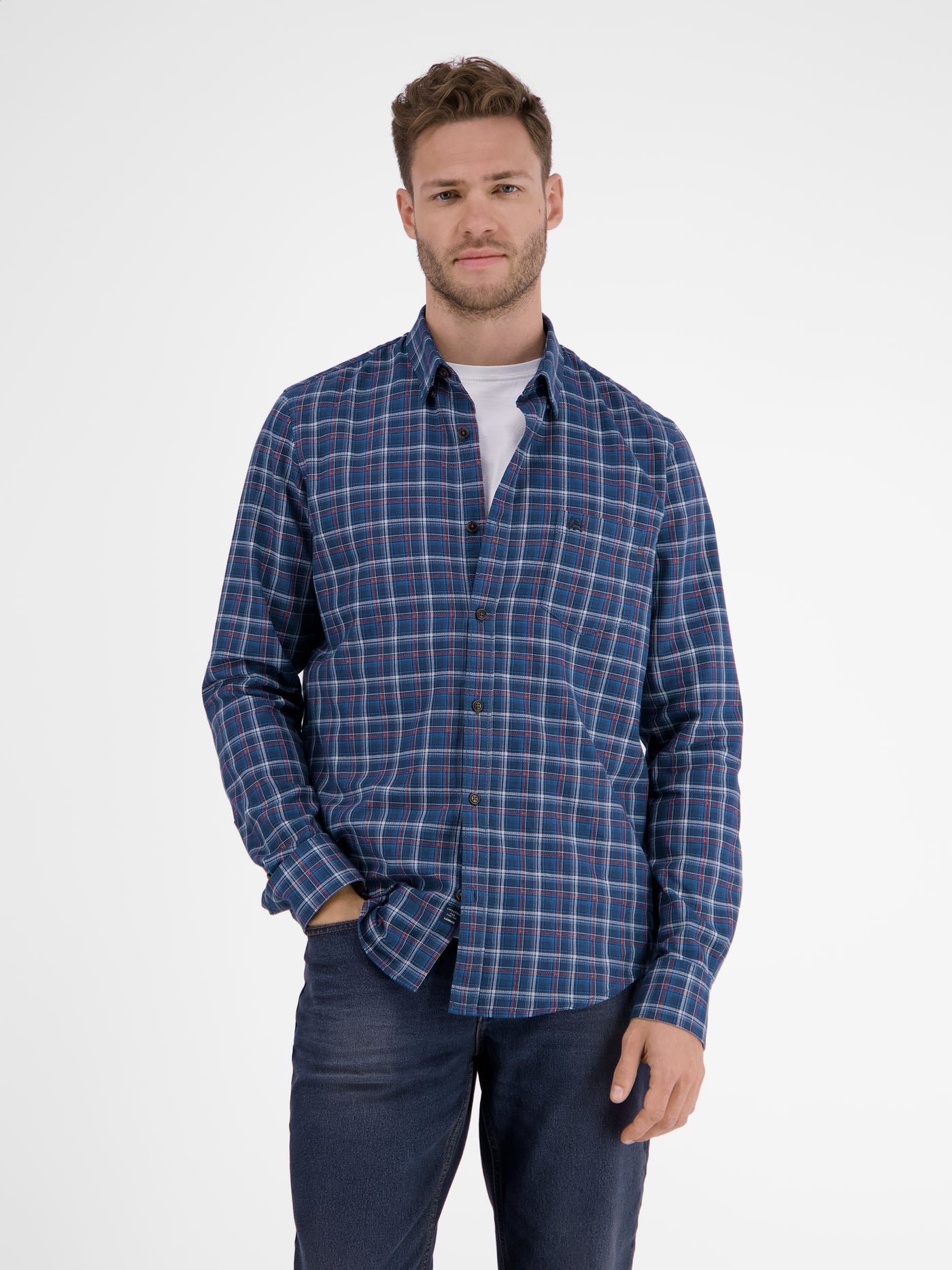 Long sleeve shirt. checkered. concealed button-down collar