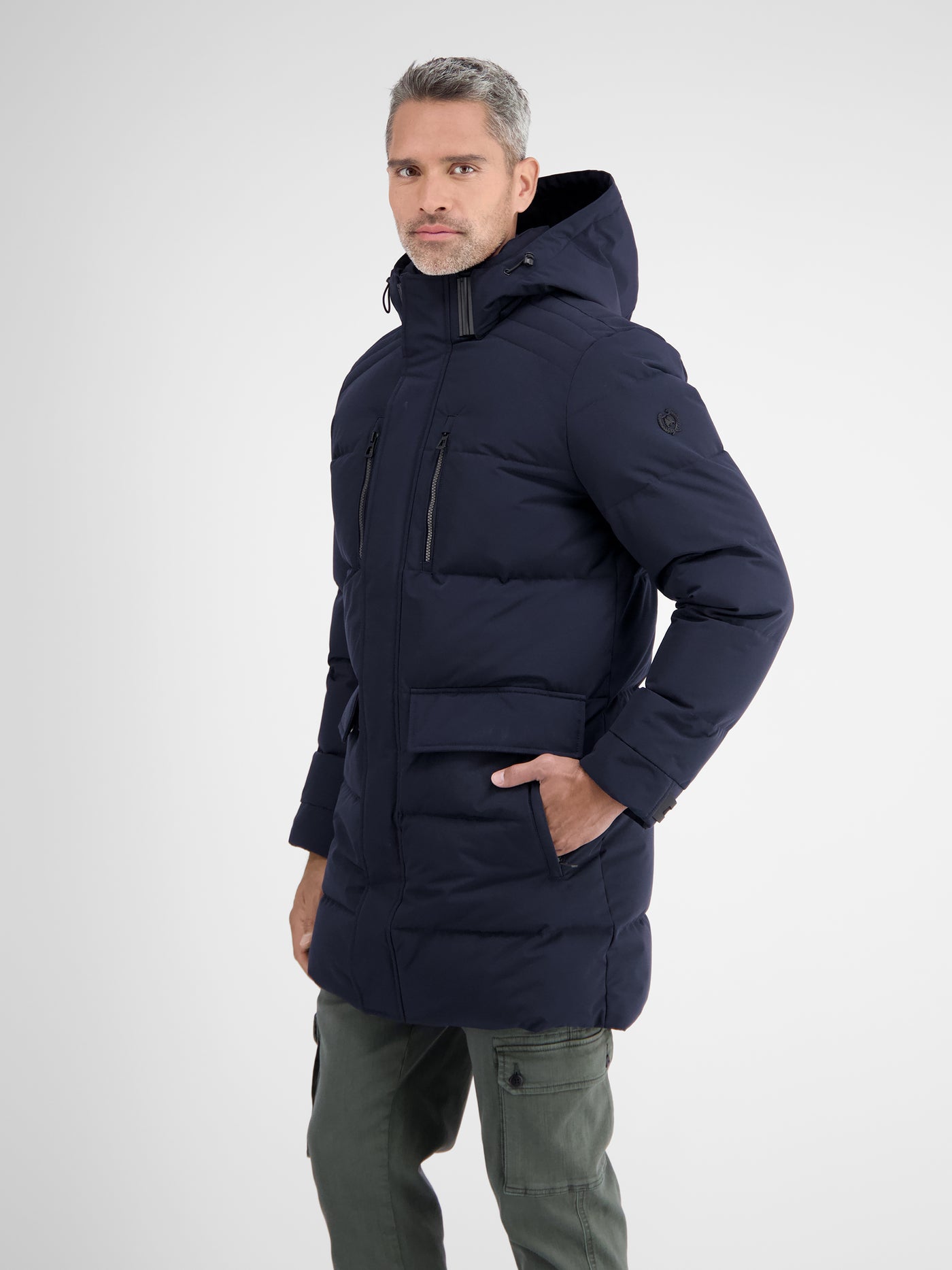 Long jacket in parka design. quilted