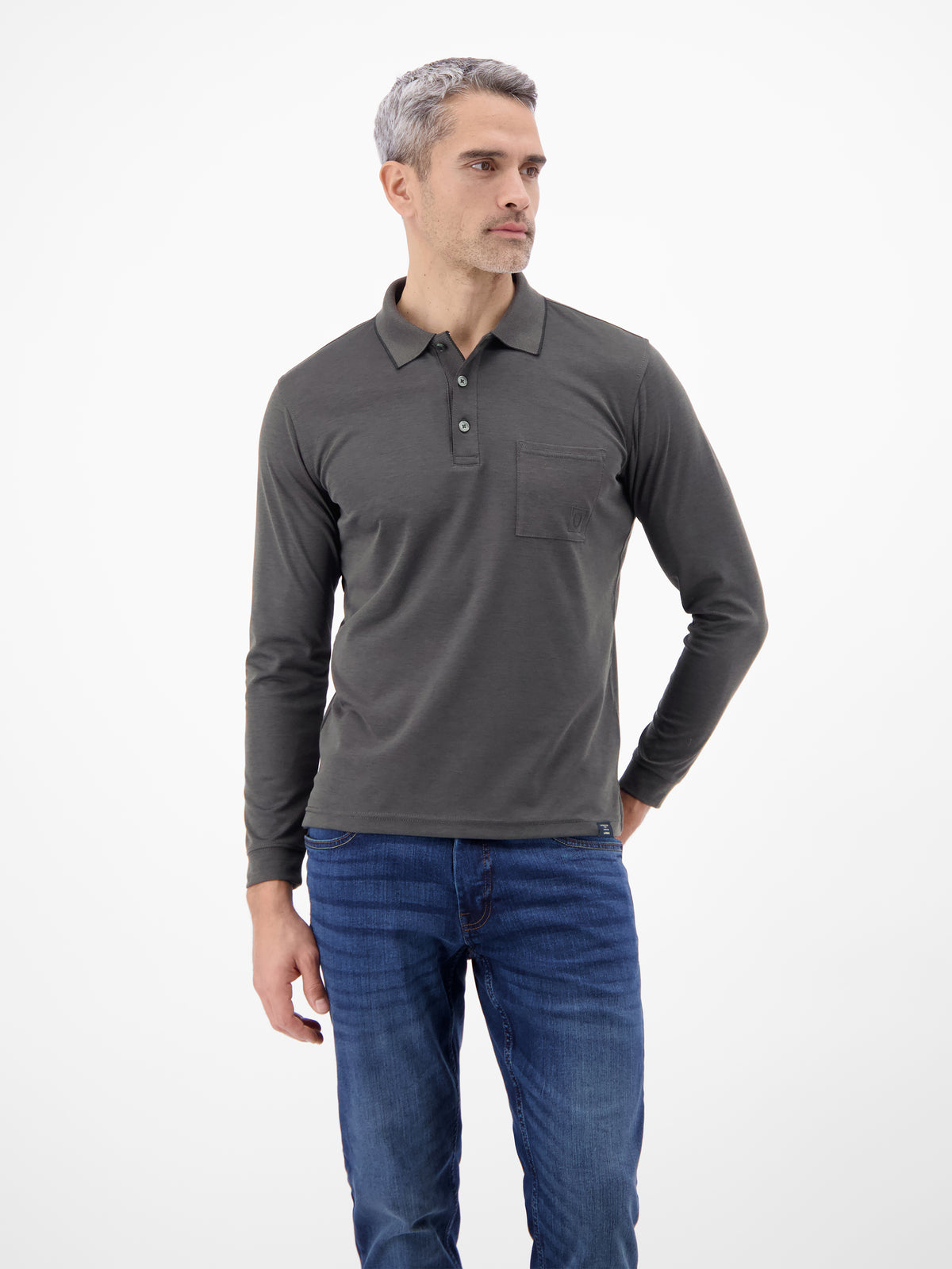 Langarm Polo mit Brusttasche aus Baumwollmix - Polo Shirt Langarm
