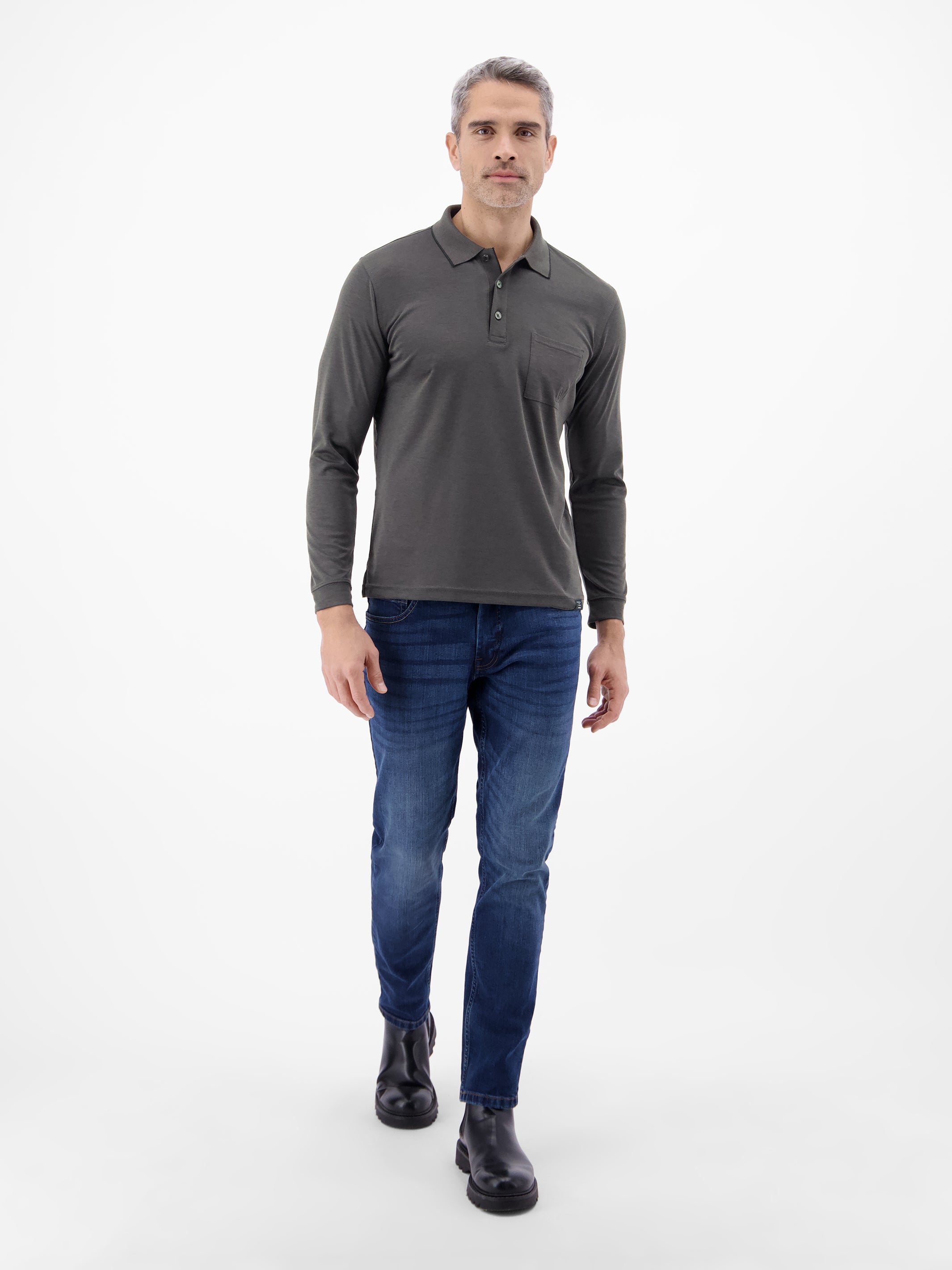 Langarm Polo mit Brusttasche aus Baumwollmix - Polo Shirt Langarm