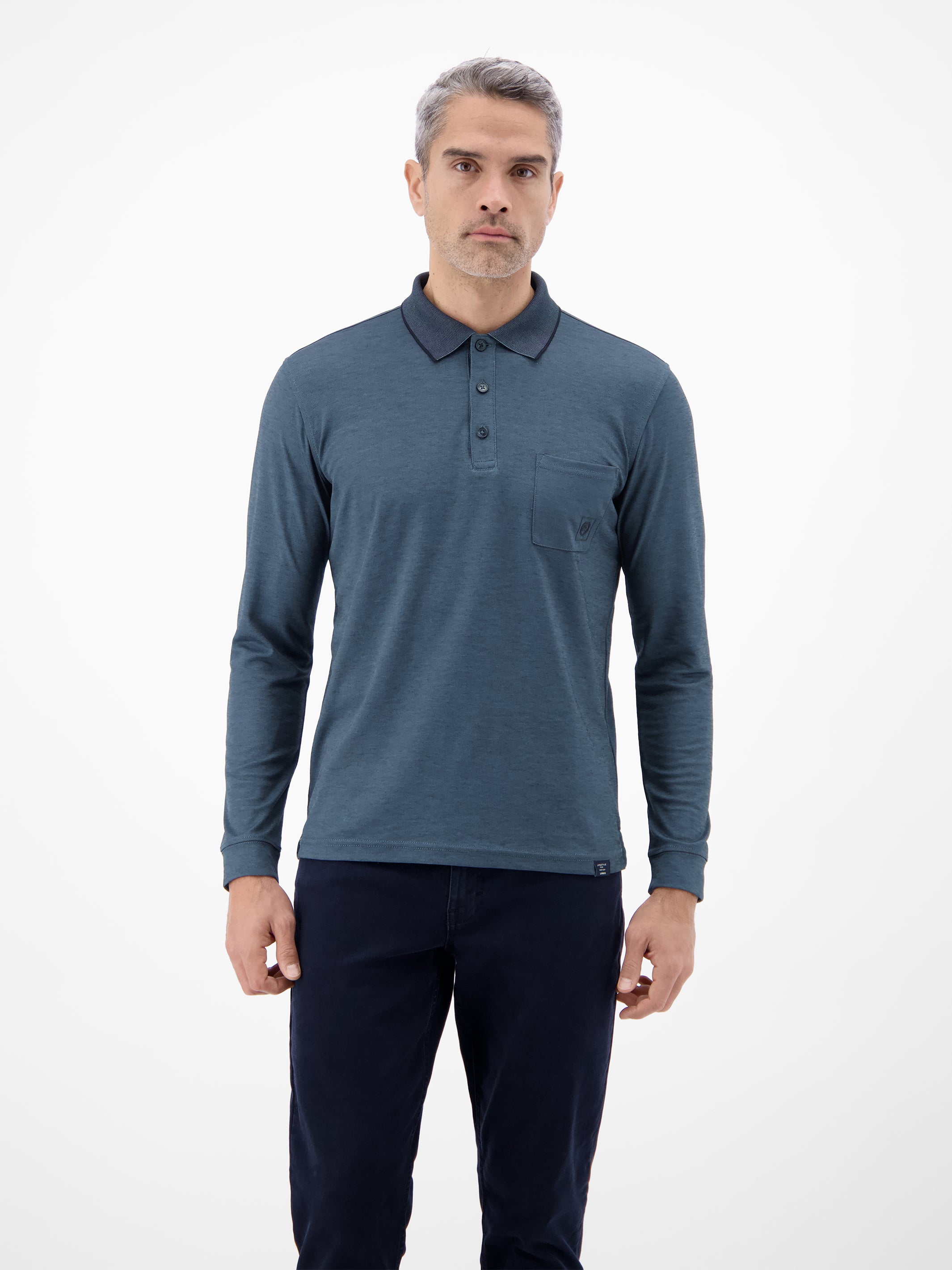 Langarm Polo mit Brusttasche aus Baumwollmix - Polo Shirt Langarm