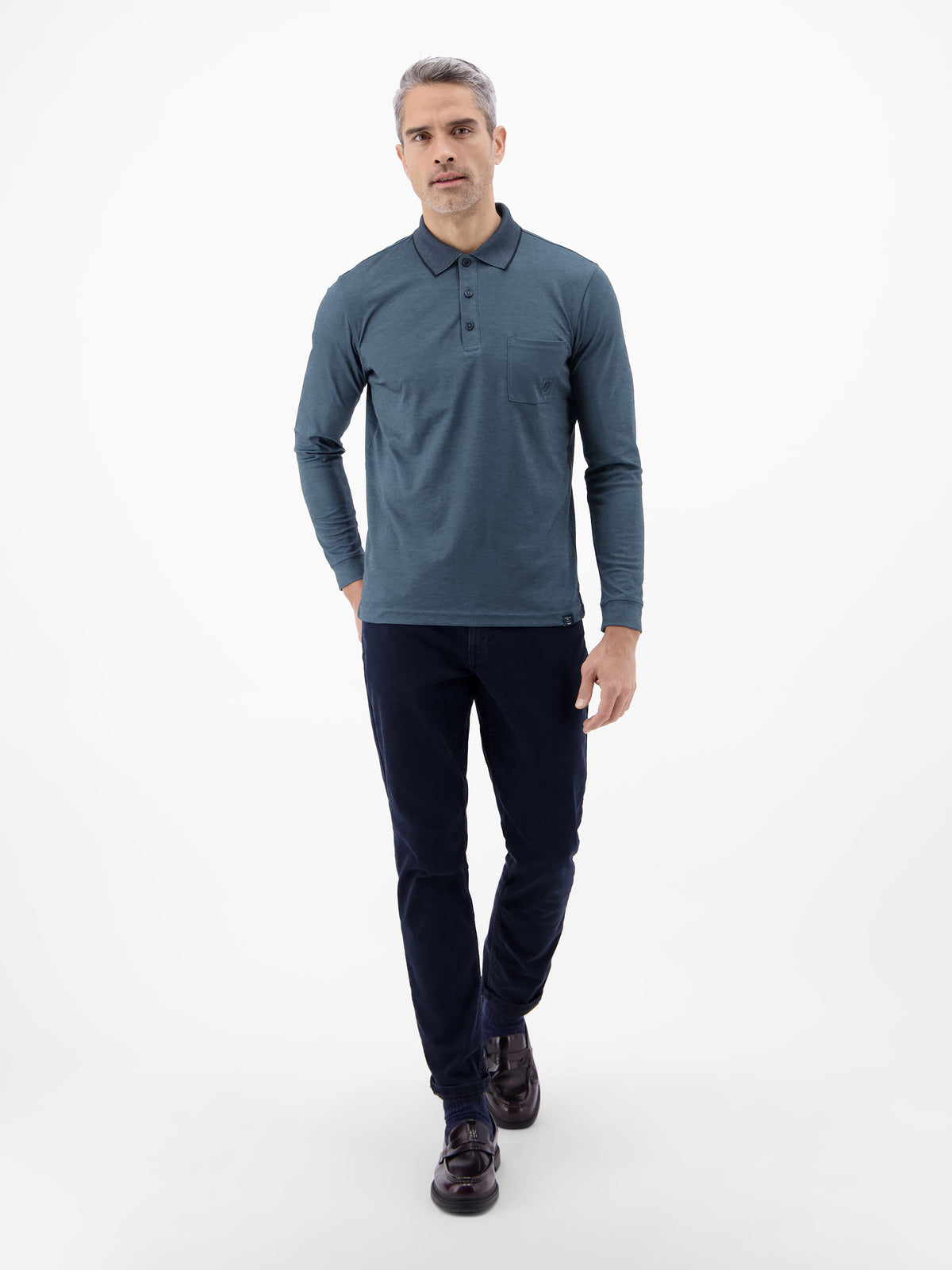 Langarm Polo mit Brusttasche aus Baumwollmix - Polo Shirt Langarm