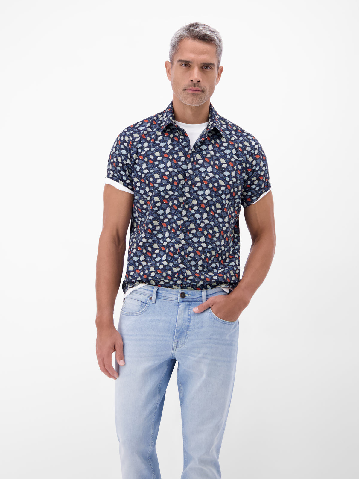 Floral bedrucktes Halbarmhemd, 100 % Baumwolle - Kurzarmhemd