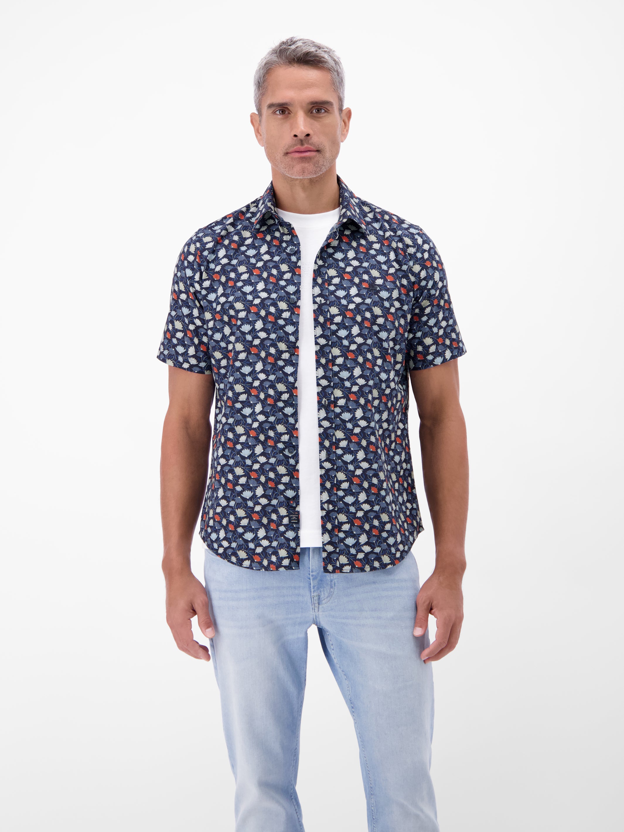 Floral bedrucktes Halbarmhemd, 100 % Baumwolle - Kurzarmhemd