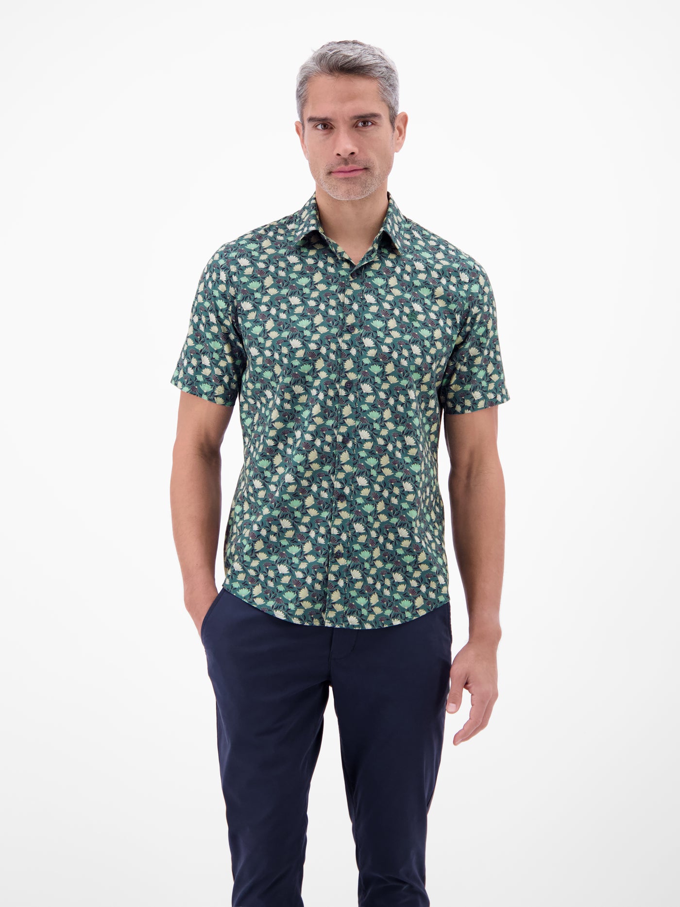 Floral bedrucktes Halbarmhemd, 100 % Baumwolle - Kurzarmhemd