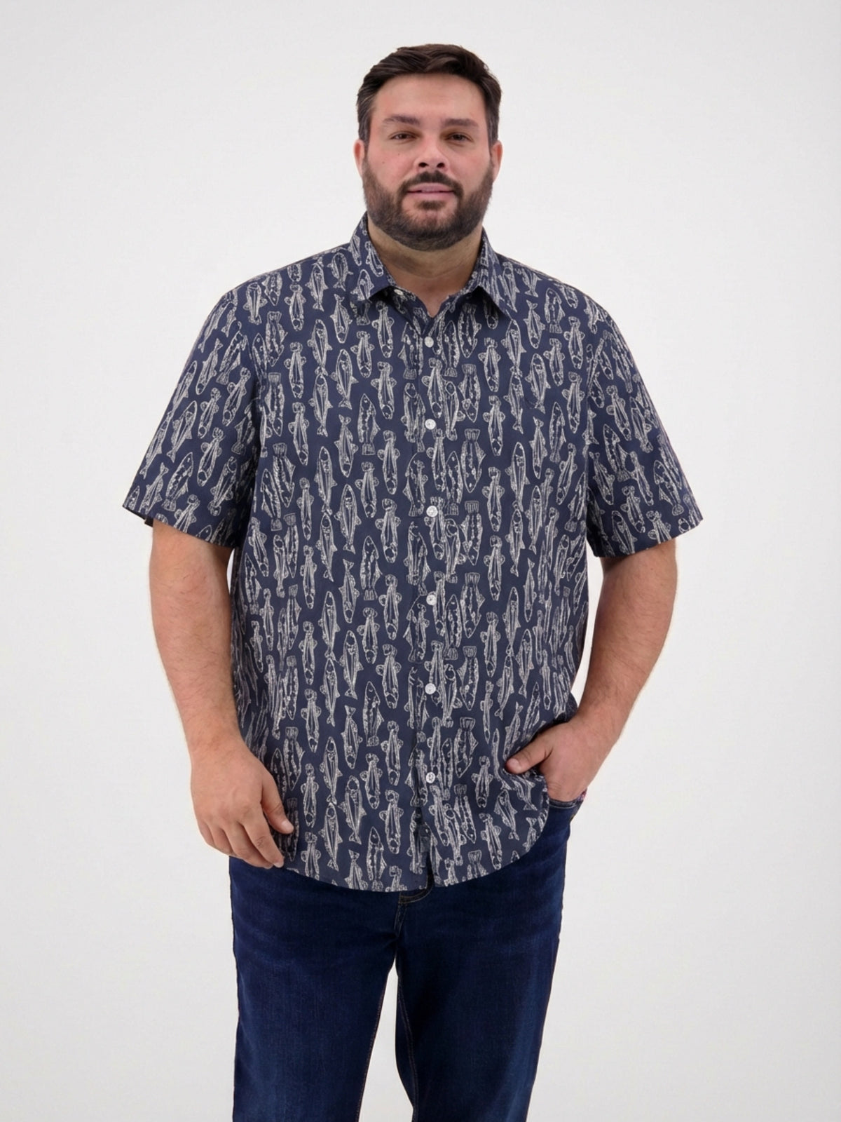 Kurzarmhemd mit marinem All-over-Print - Kurzarmhemd