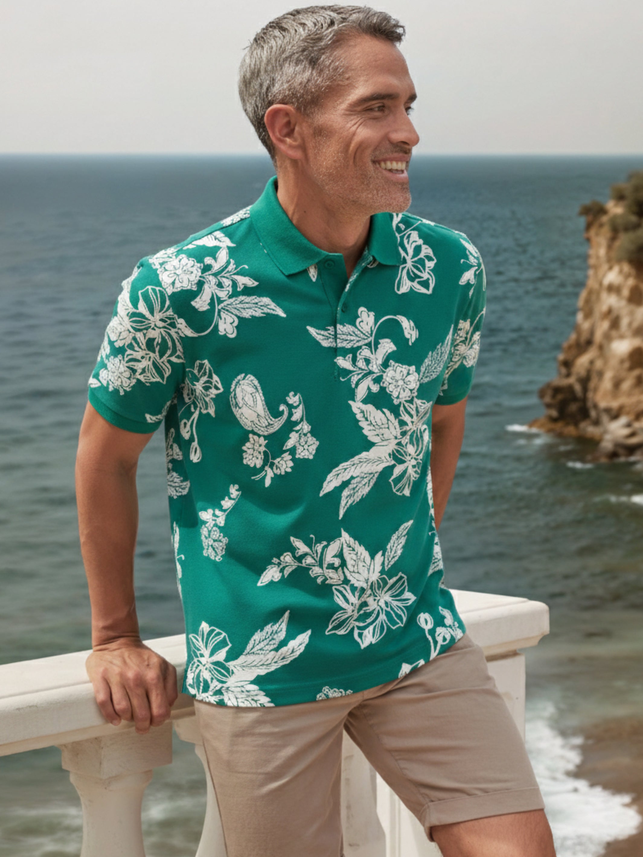 Poloshirt mit floralem All-over-Print, 100 % Baumwolle - Polo Shirt Kurzarm