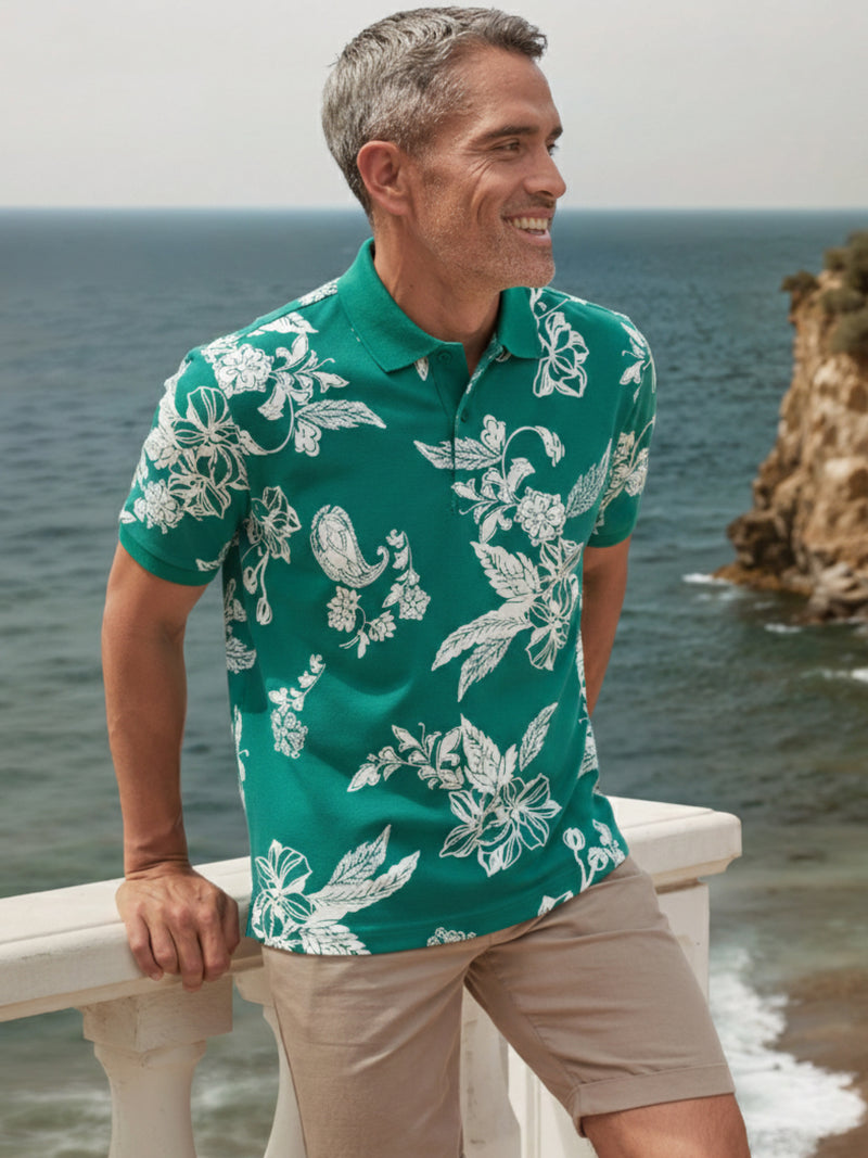Poloshirt mit floralem All-over-Print, 100 % Baumwolle - Polo Shirt Kurzarm