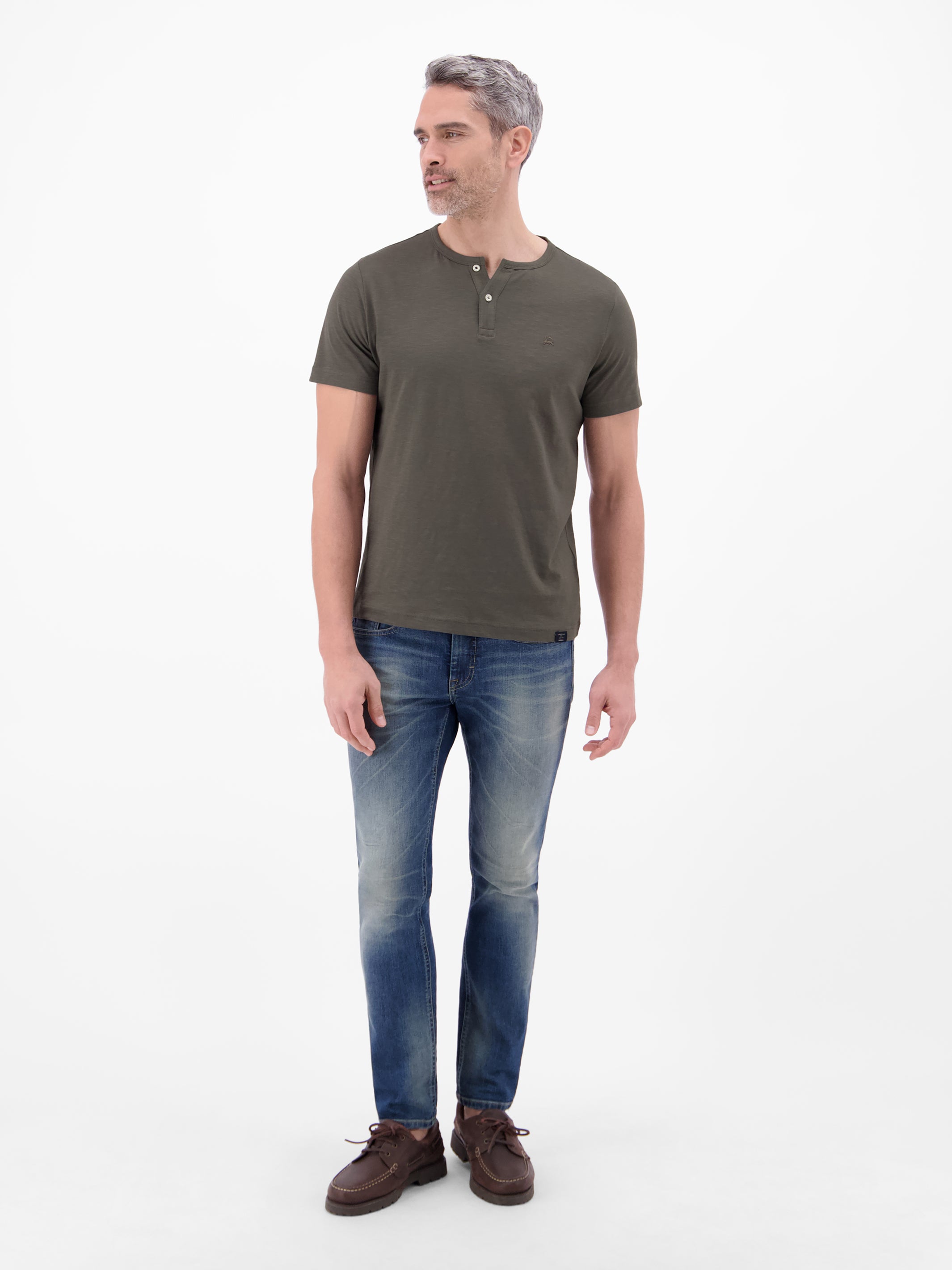 Serafino Shirt mit Rundhalsausschnitt und Knopfleiste - T-Shirt Rundhals