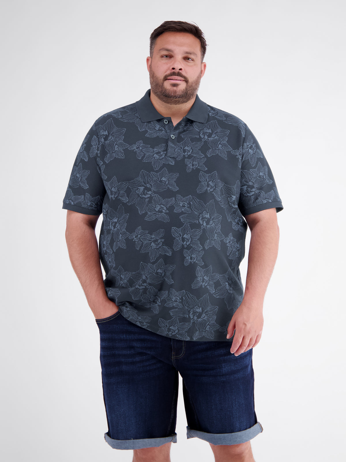 Printed polo shirt with flat-knit collar, plus sizes