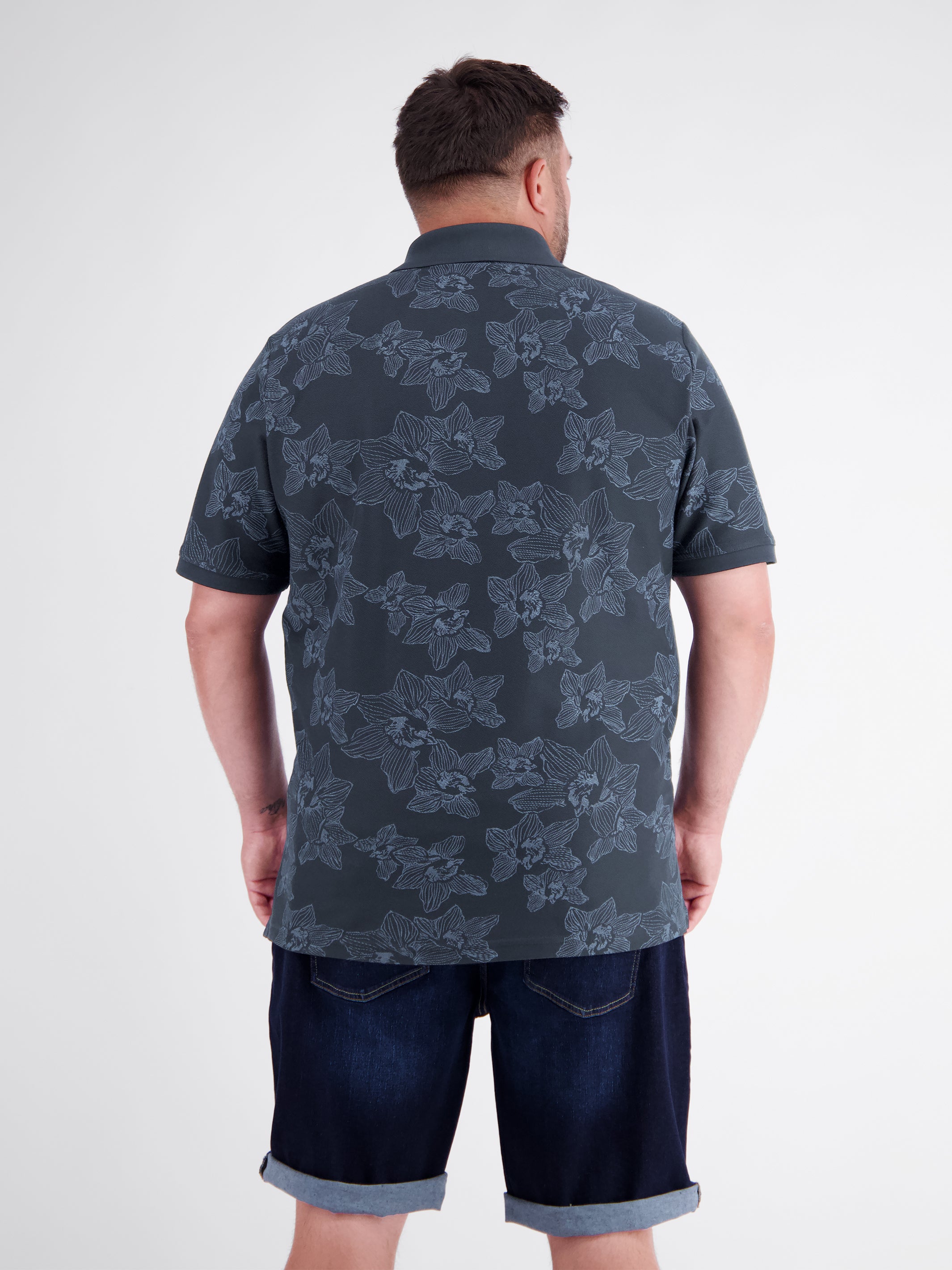 Printed polo shirt with flat-knit collar, plus sizes