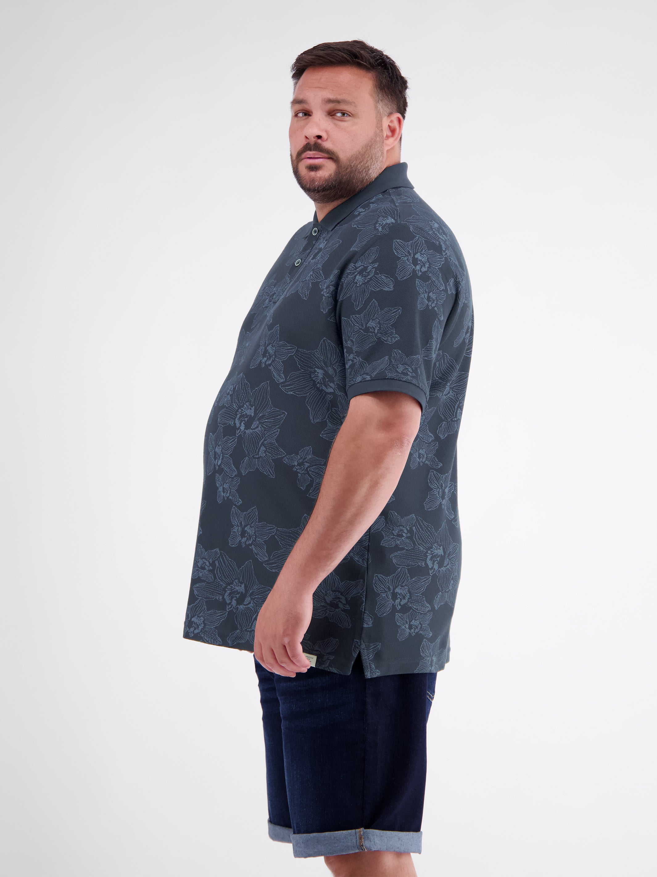 Printed polo shirt with flat-knit collar, plus sizes