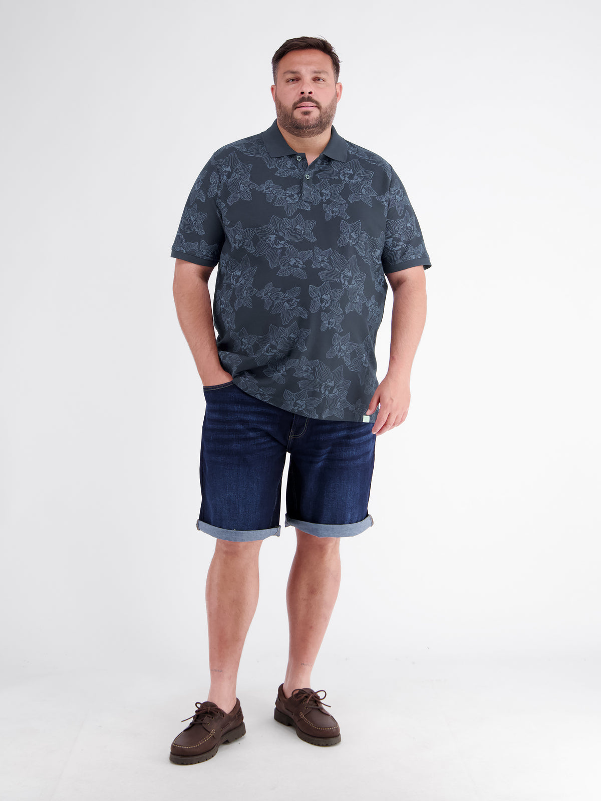Printed polo shirt with flat-knit collar, plus sizes