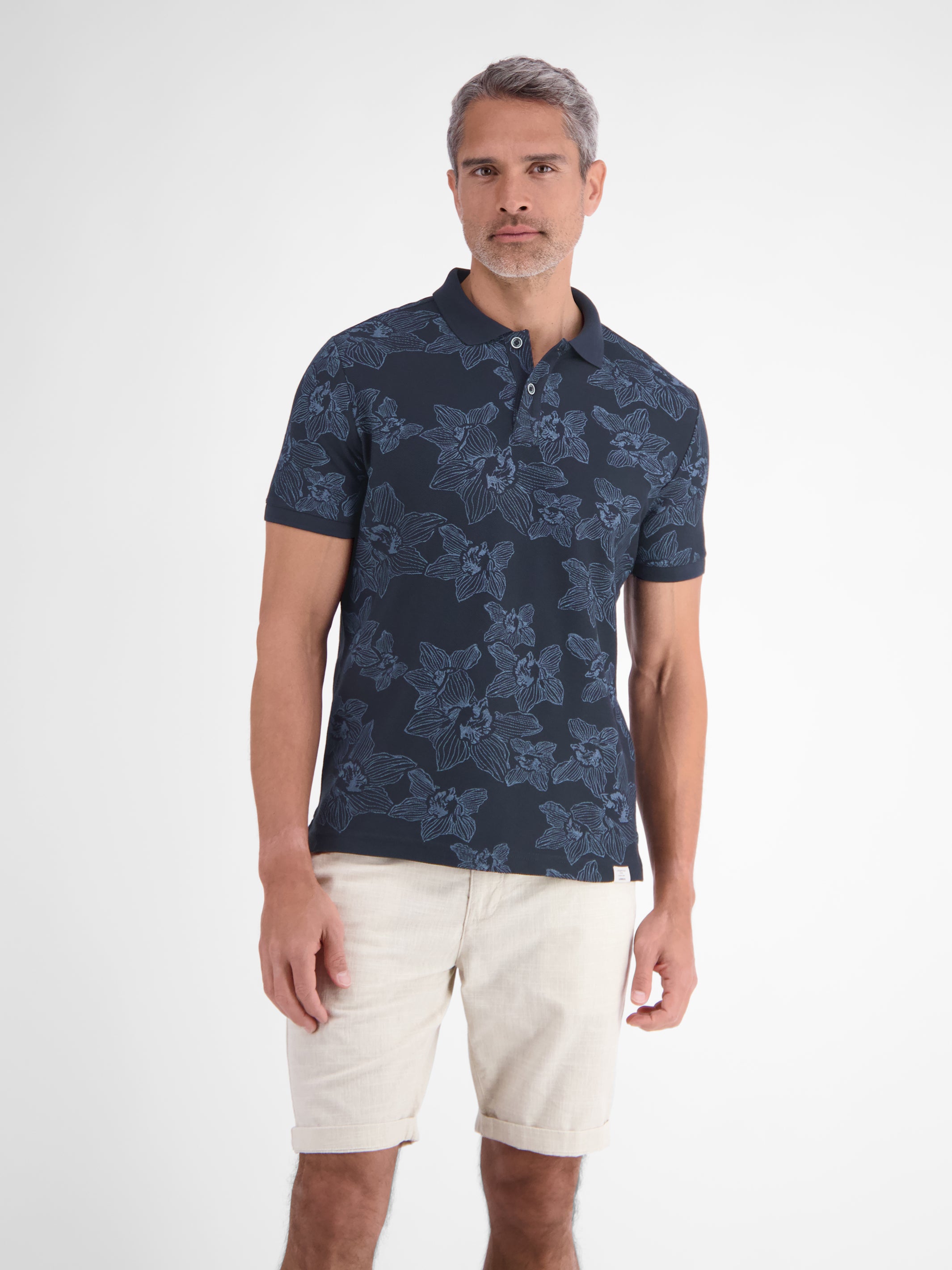 Poloshirt mit floralem Allover-Print und Flachstrickkragen - Polo Shirt Kurzarm