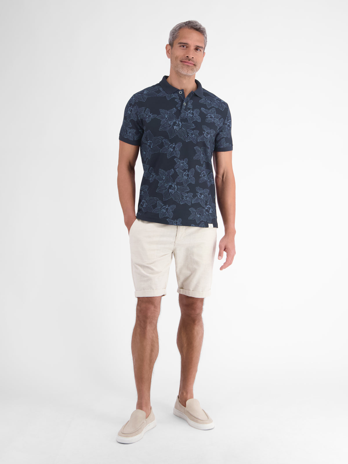 Poloshirt mit floralem Allover-Print und Flachstrickkragen - Polo Shirt Kurzarm