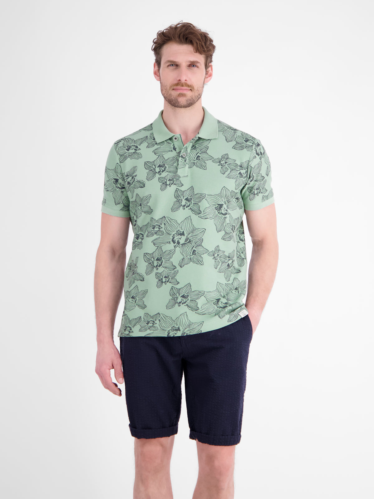 Poloshirt mit floralem Allover-Print und Flachstrickkragen - Polo Shirt Kurzarm