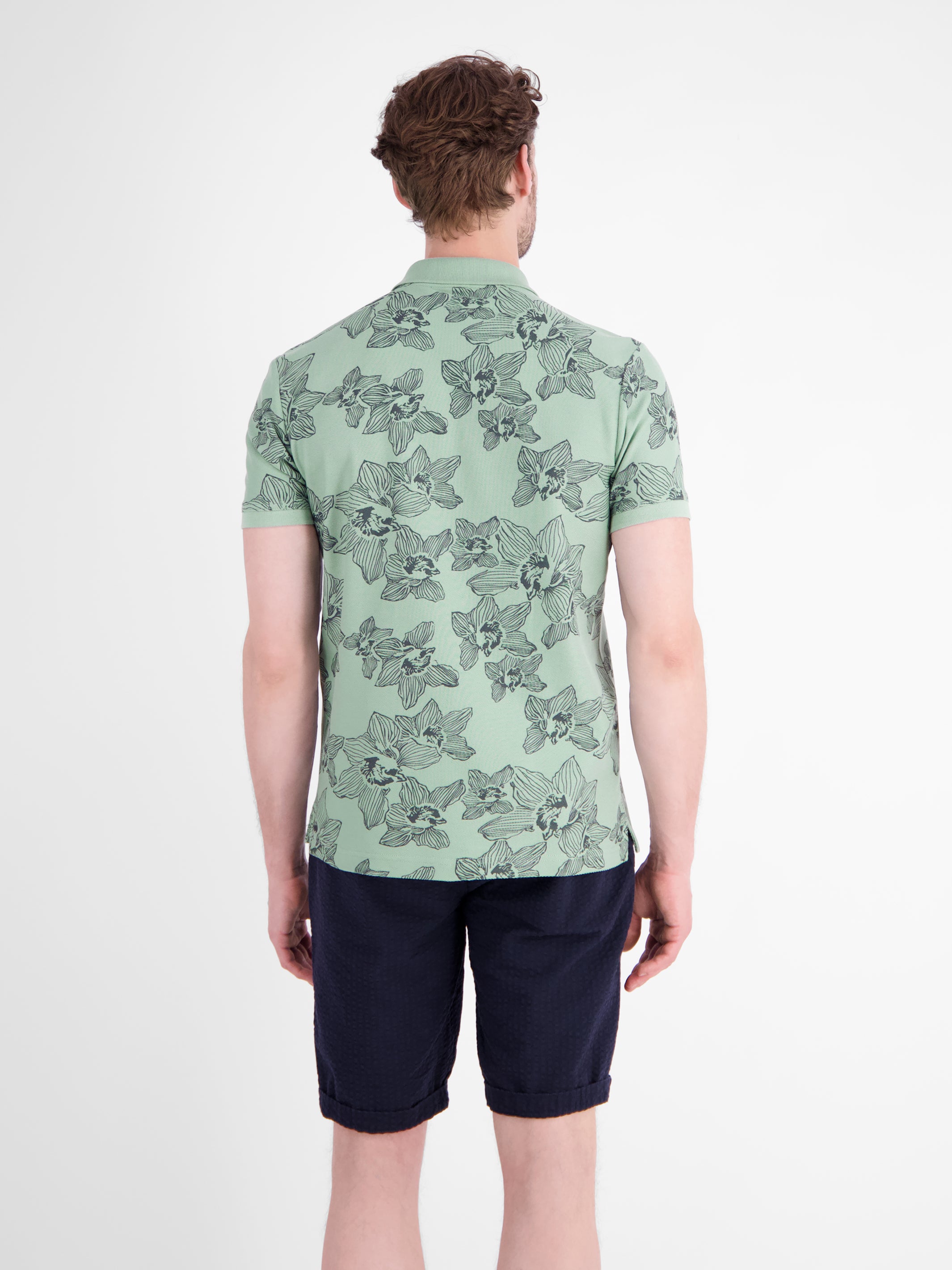Poloshirt mit floralem Allover-Print und Flachstrickkragen - Polo Shirt Kurzarm