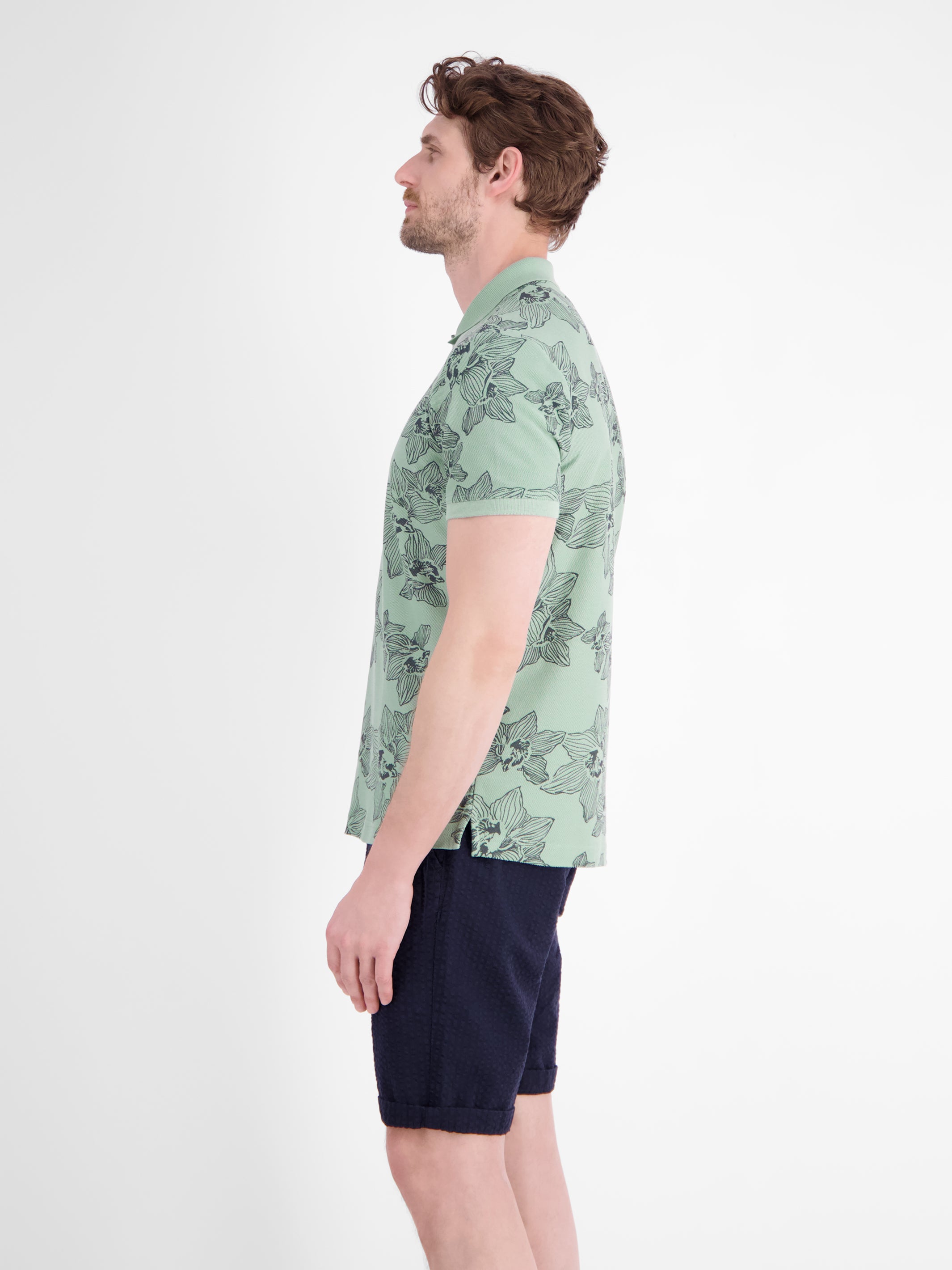 Poloshirt mit floralem Allover-Print und Flachstrickkragen - Polo Shirt Kurzarm