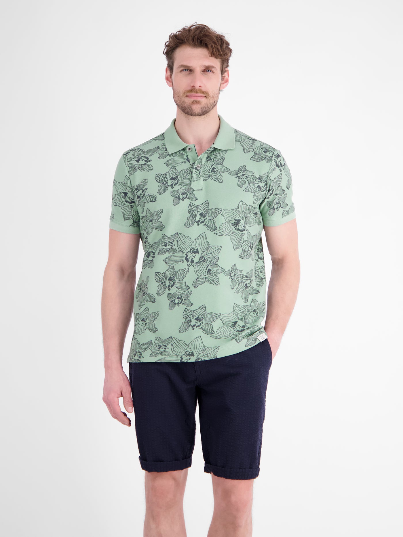 Poloshirt mit floralem Allover-Print und Flachstrickkragen - Polo Shirt Kurzarm