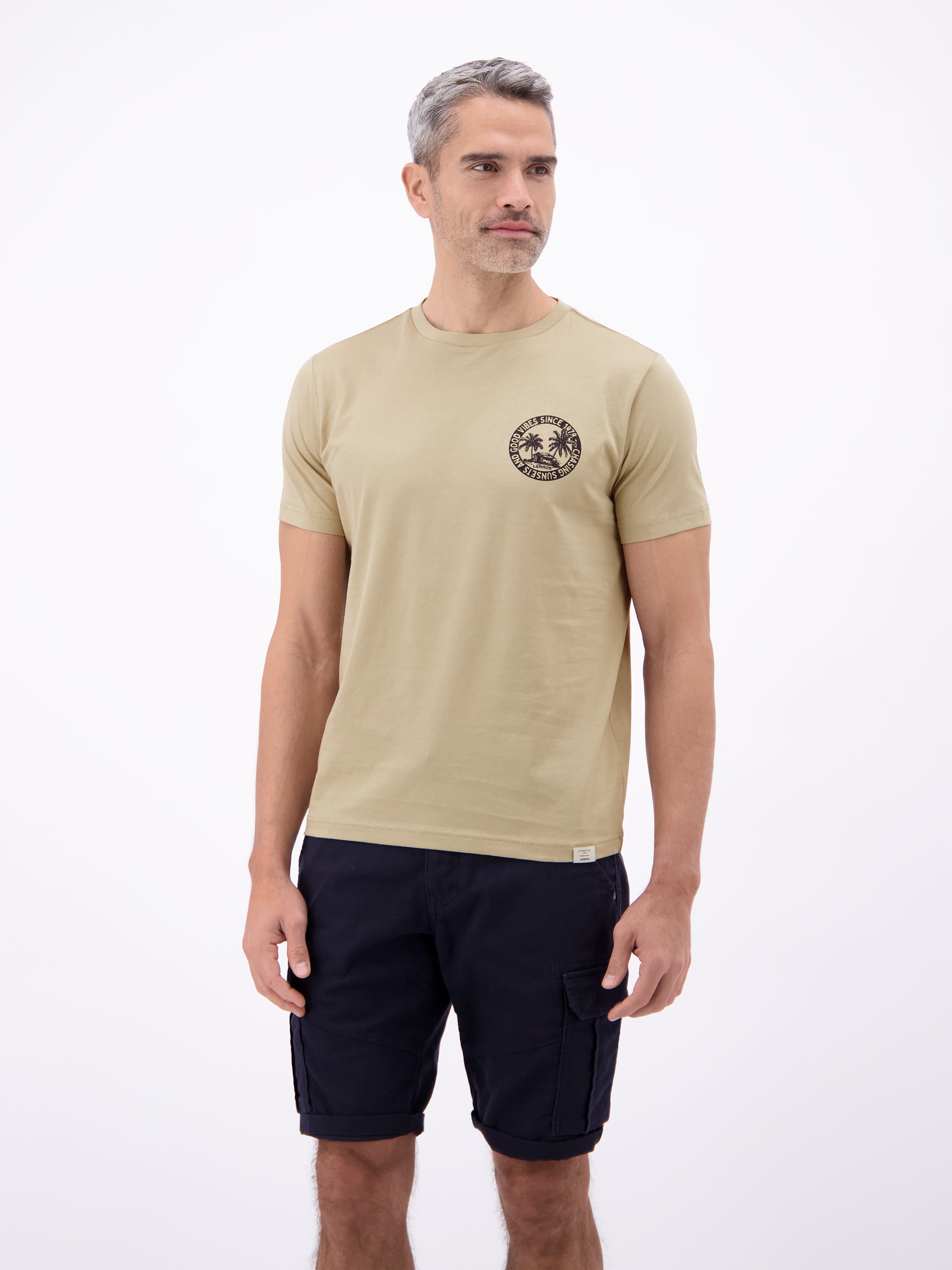 Lässiges, unifarbenes T-Shirt aus reiner Baumwolle mit Print - T-Shirt Rundhals