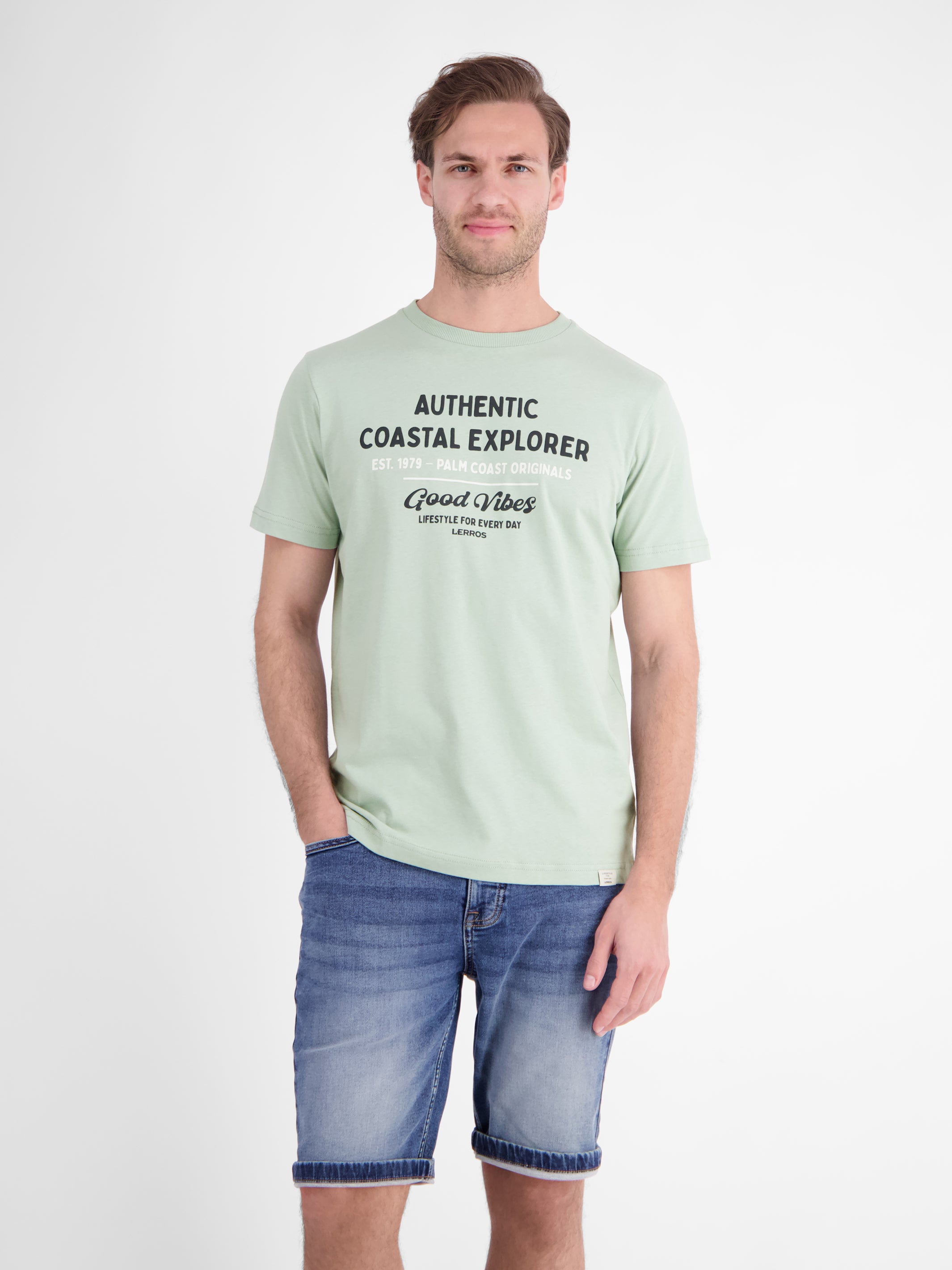 T-Shirt mit O-Neck aus softer Baumwolle mit Summervibe-Print - T-Shirt Rundhals