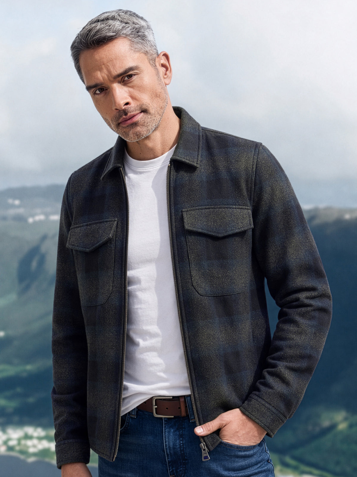 Sporty plaid shirt with chest pockets and zip fastening