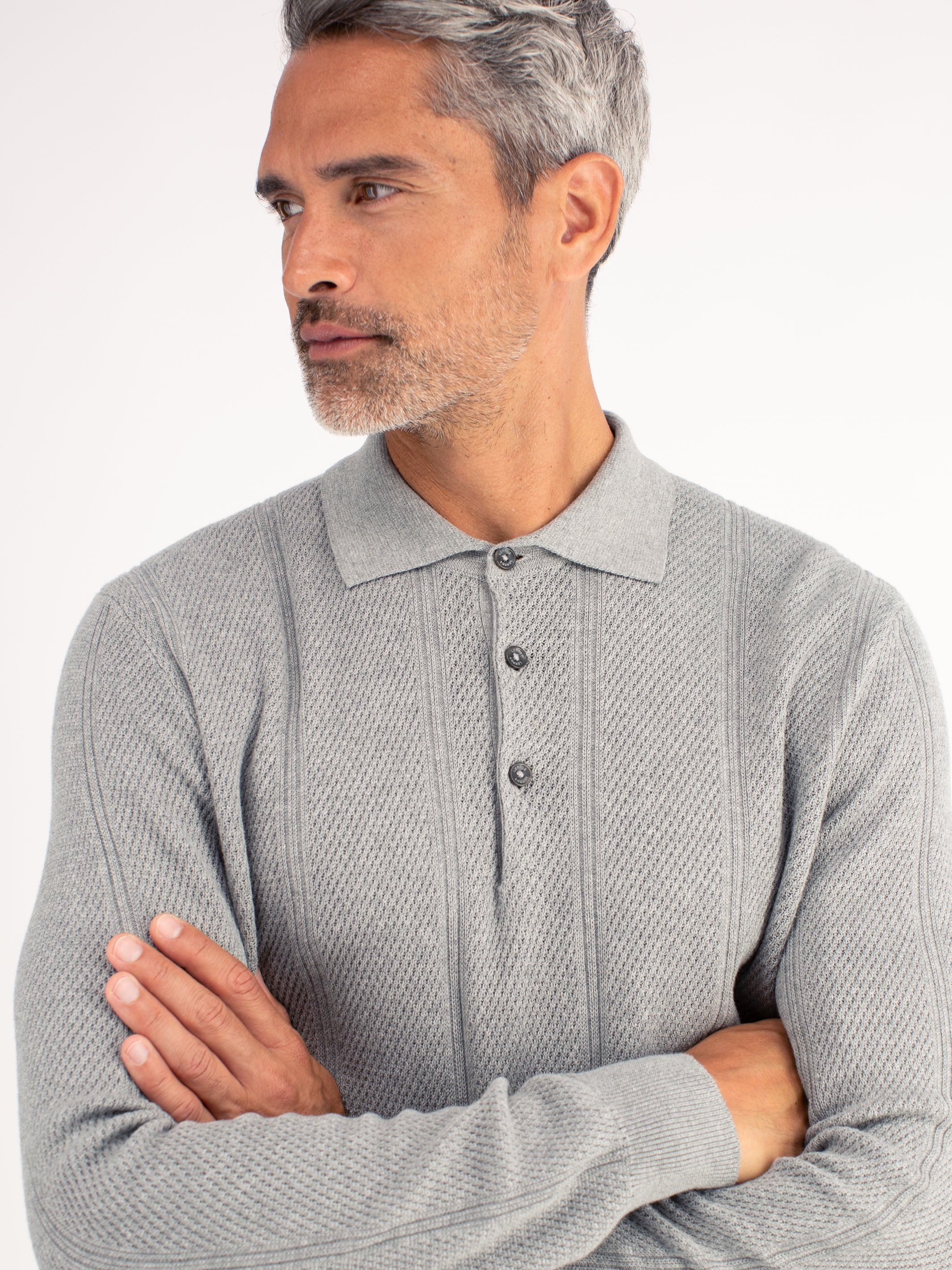 Elegant long-sleeve polo shirt with refined vertical stripes