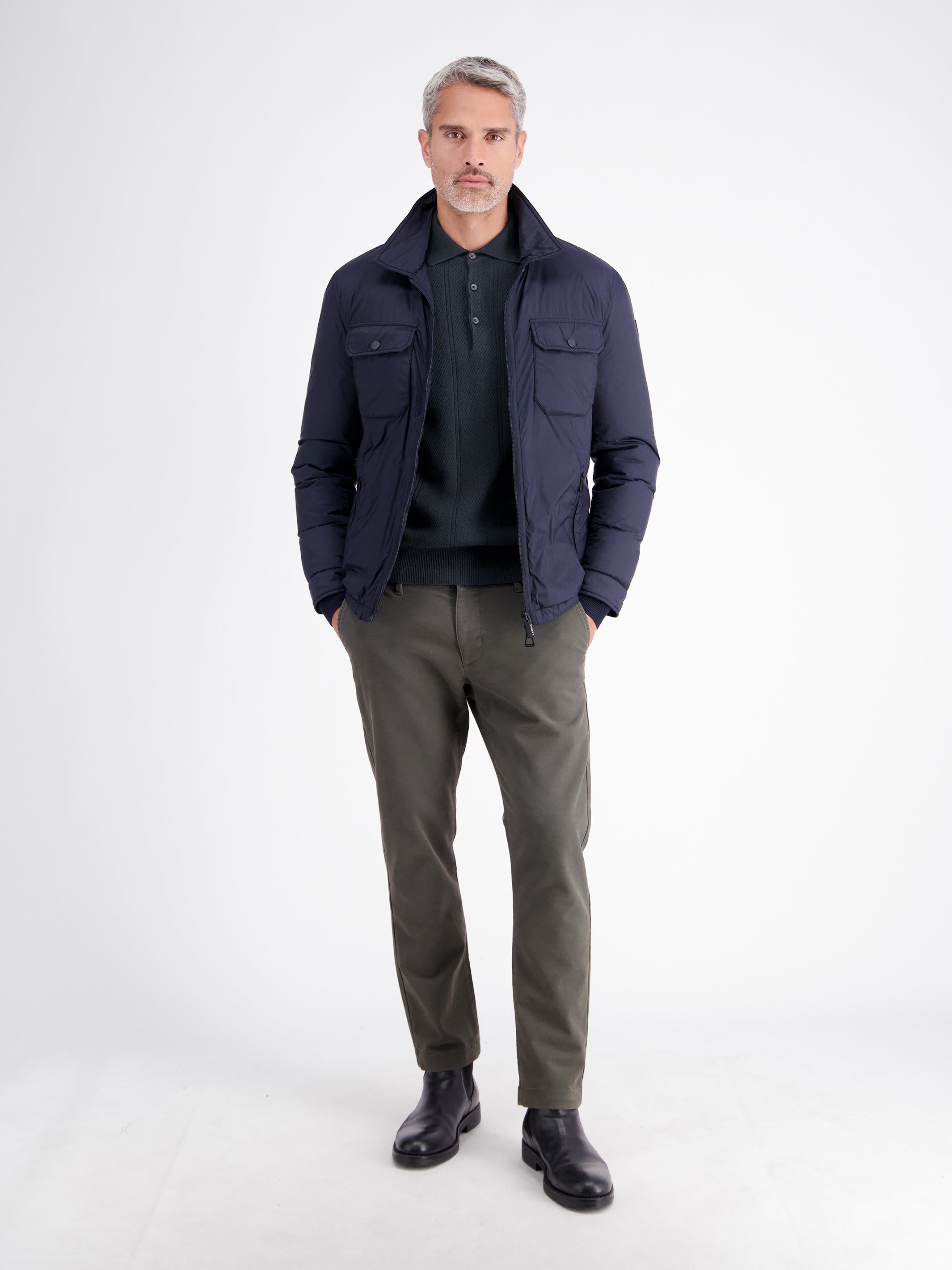 Elegant long-sleeve polo shirt with refined vertical stripes