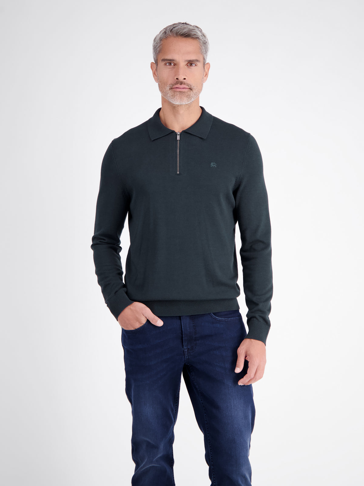 Flexible long-sleeve polo shirt in cotton blend with zip