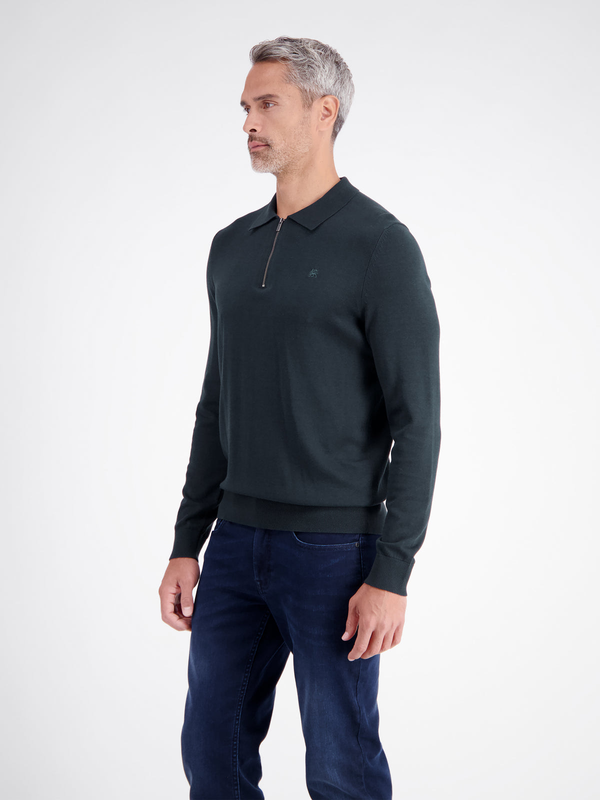 Flexible long-sleeve polo shirt in cotton blend with zip