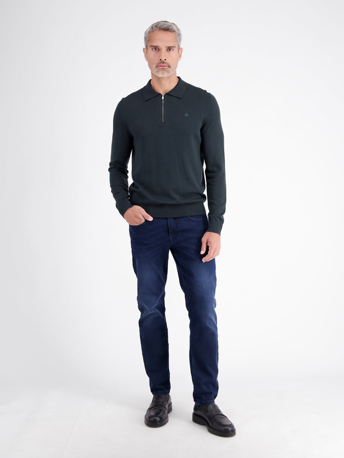 Flexible long-sleeve polo shirt in cotton blend with zip