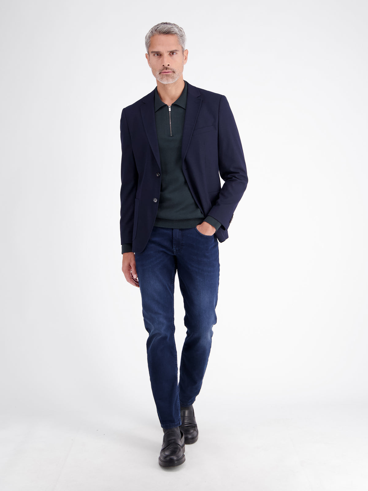 Flexible long-sleeve polo shirt in cotton blend with zip