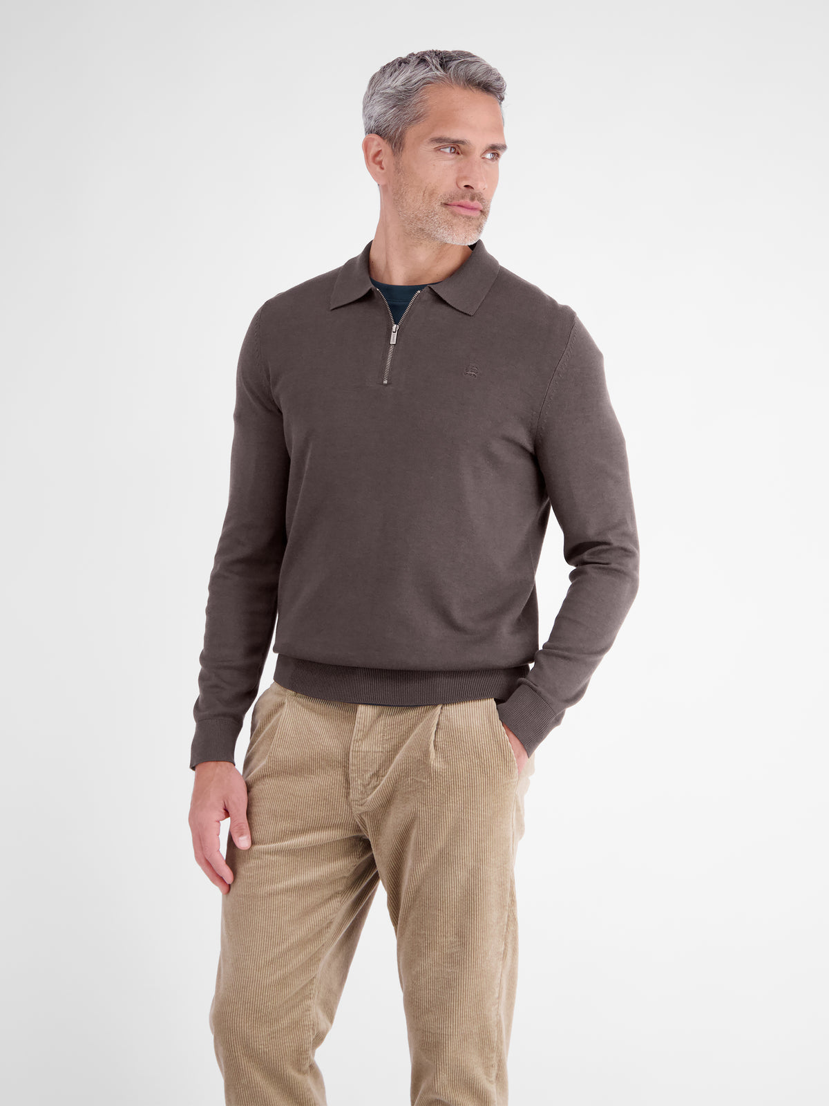 Flexible long-sleeve polo shirt in cotton blend with zip