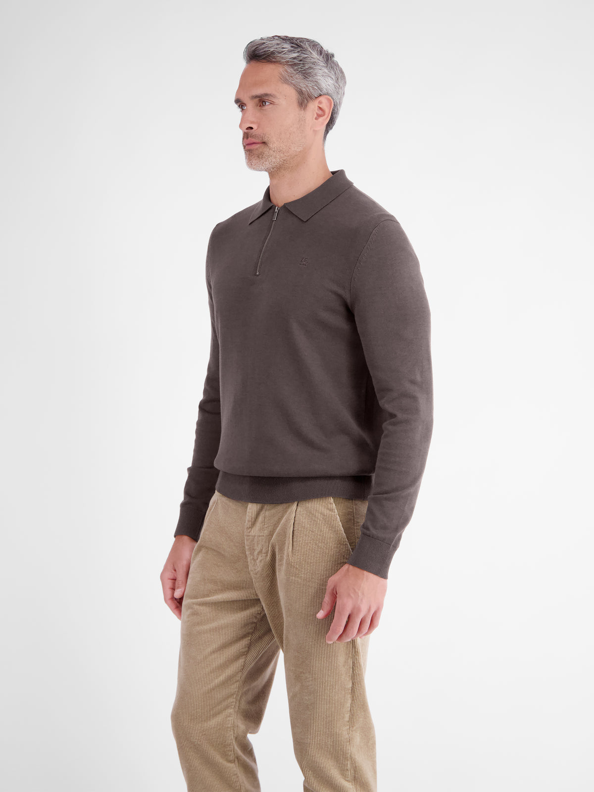 Flexible long-sleeve polo shirt in cotton blend with zip