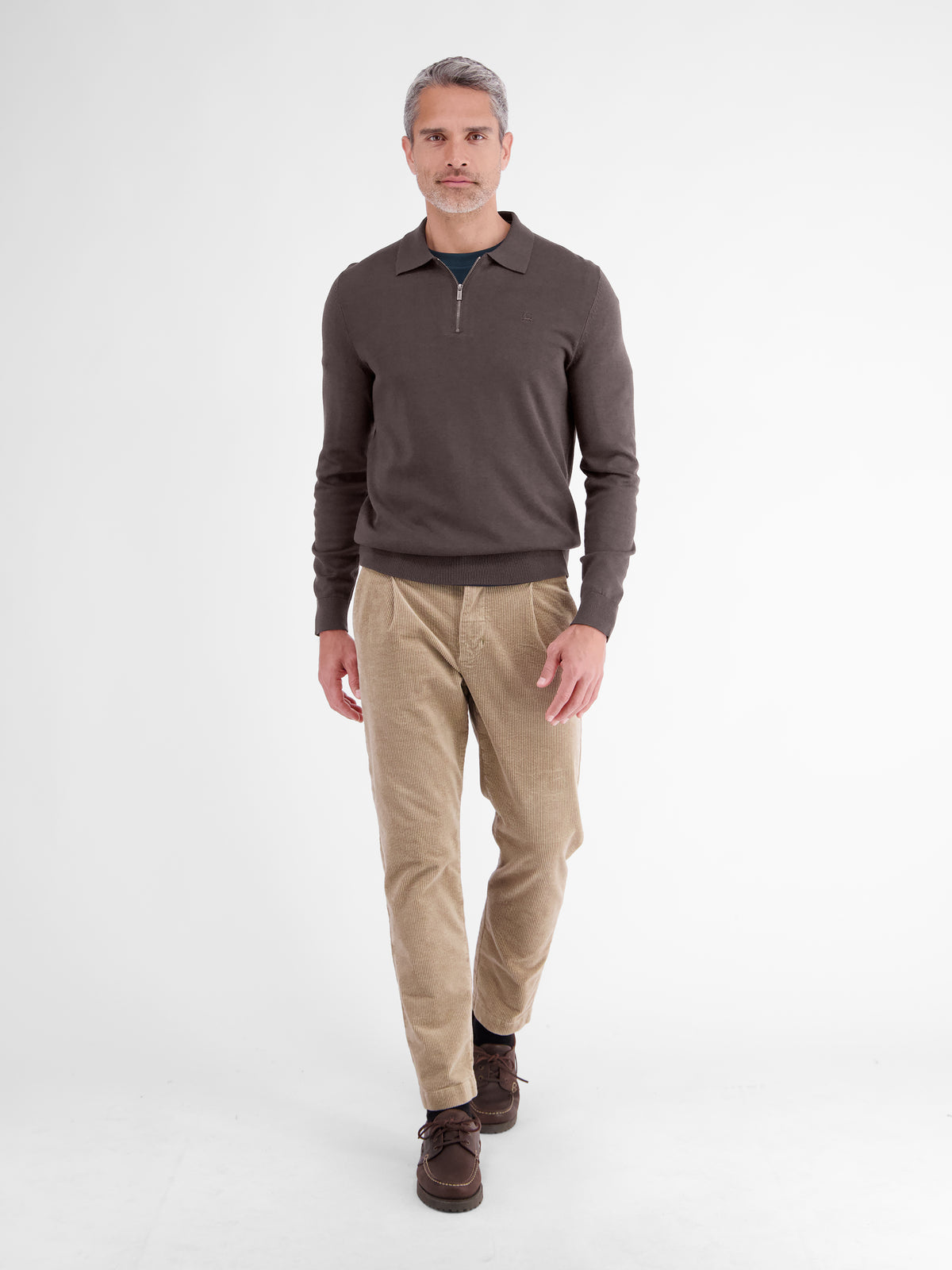 Flexible long-sleeve polo shirt in cotton blend with zip