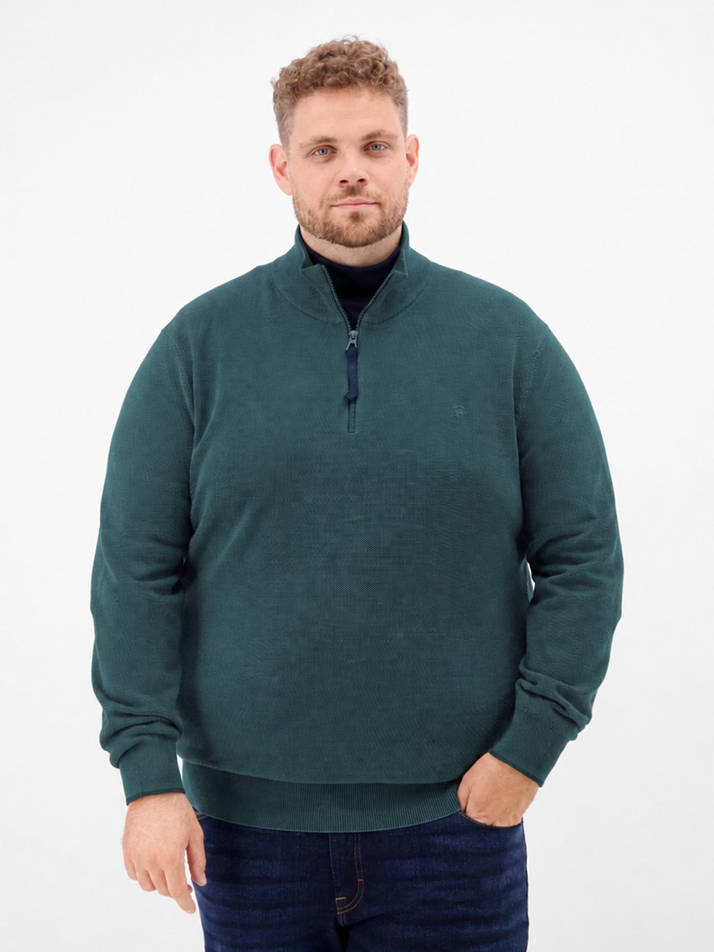 Two-tone cotton knit Troyer, plus sizes