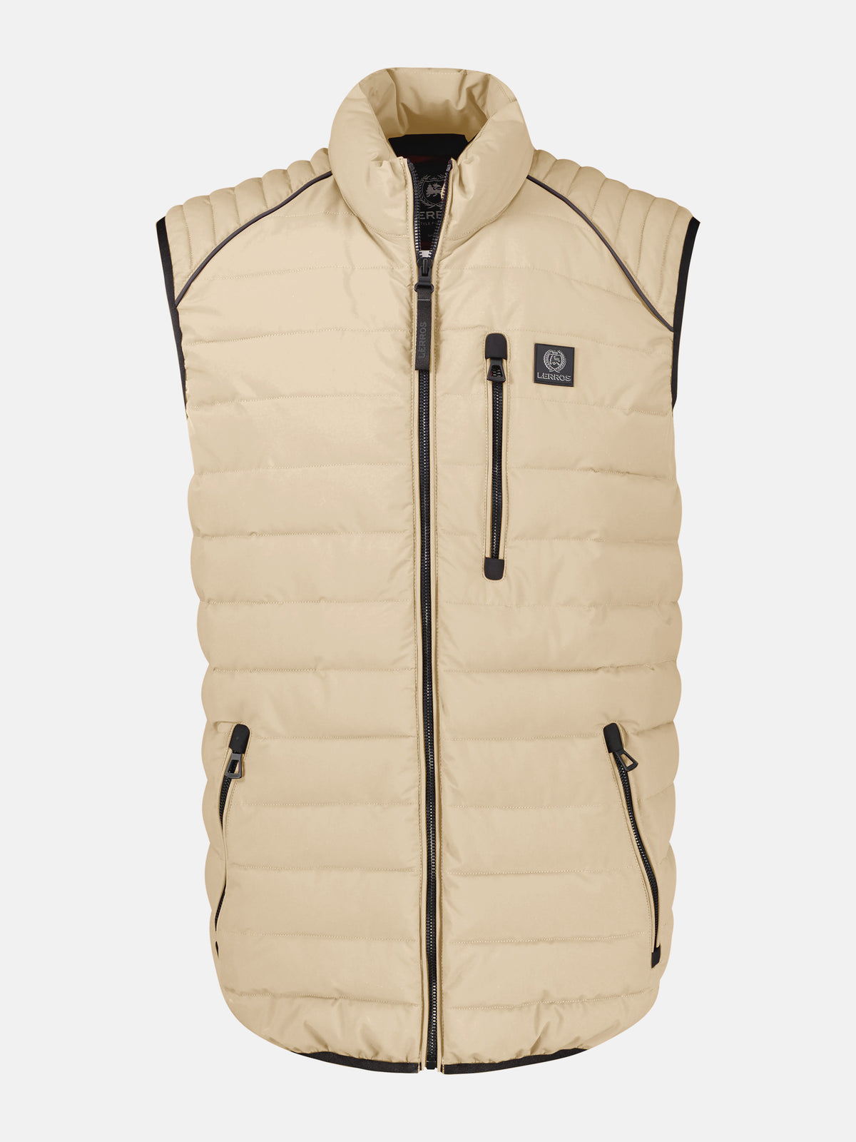 Sportieve doorgestikte bodywarmer met hoge kraag en ritszakken