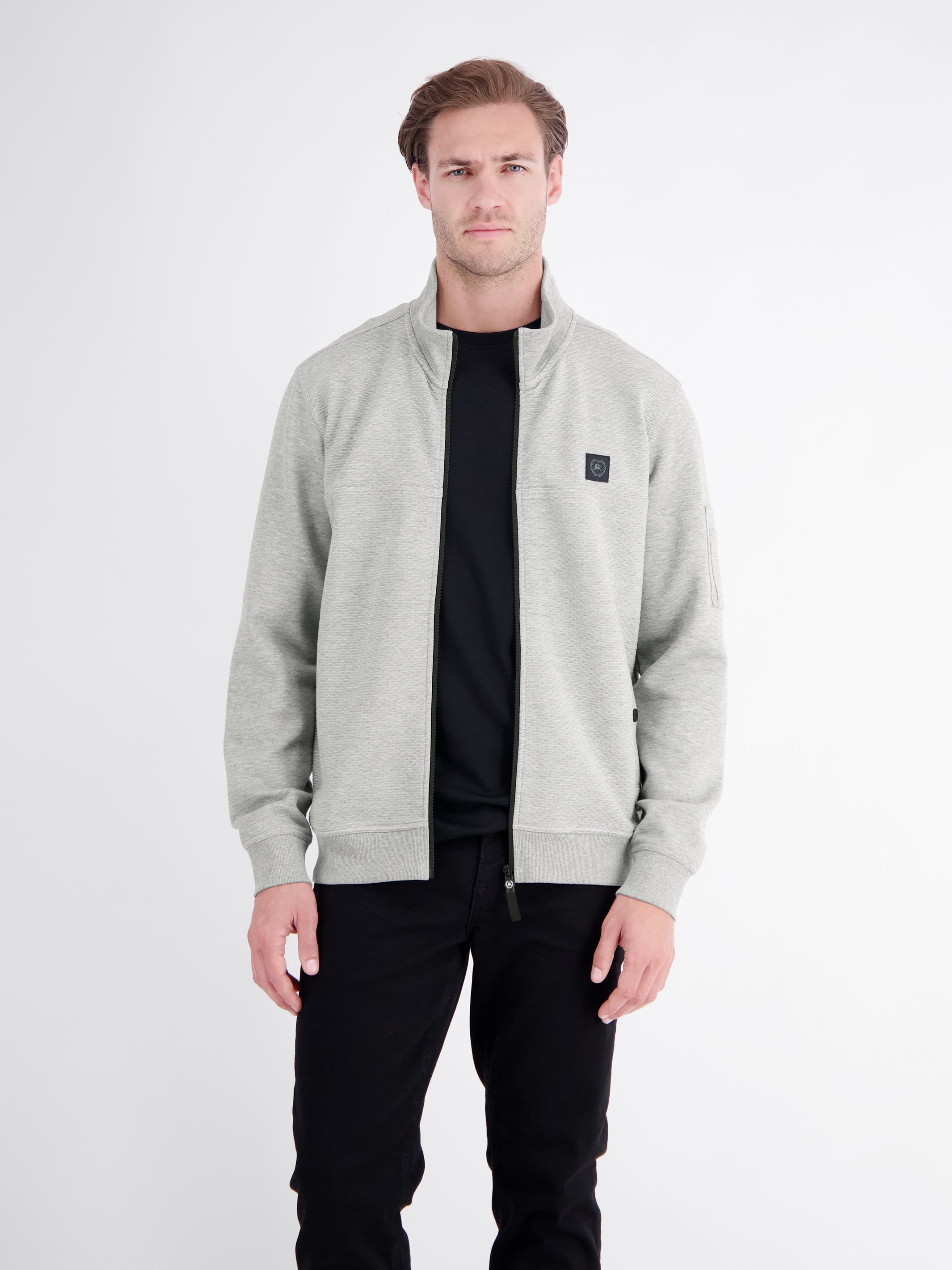 Sporty sweatshirt jacket with stand-up collar made from a robust cotton blend