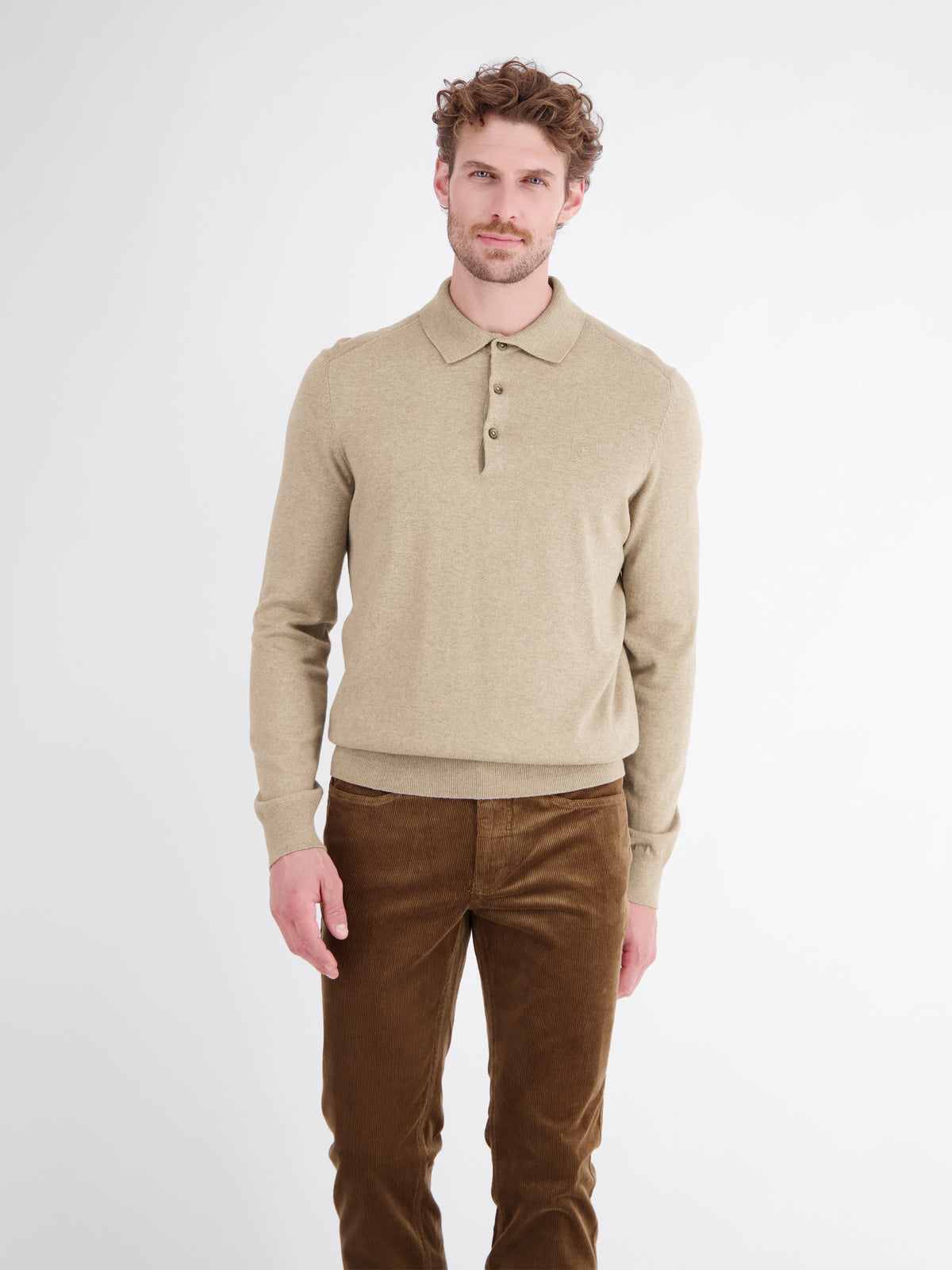 Long-sleeve polo shirt in cotton knit with flexible ribbed cuffs