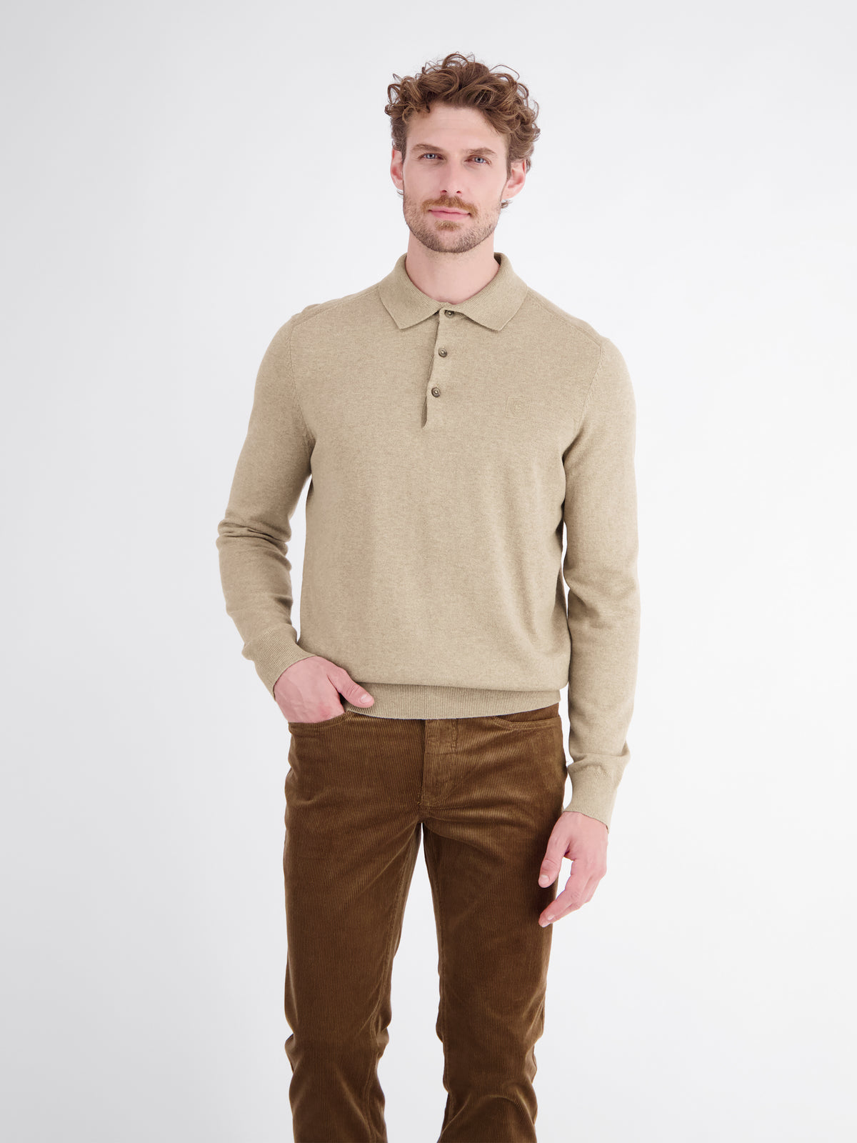 Long-sleeve polo shirt in cotton knit with flexible ribbed cuffs