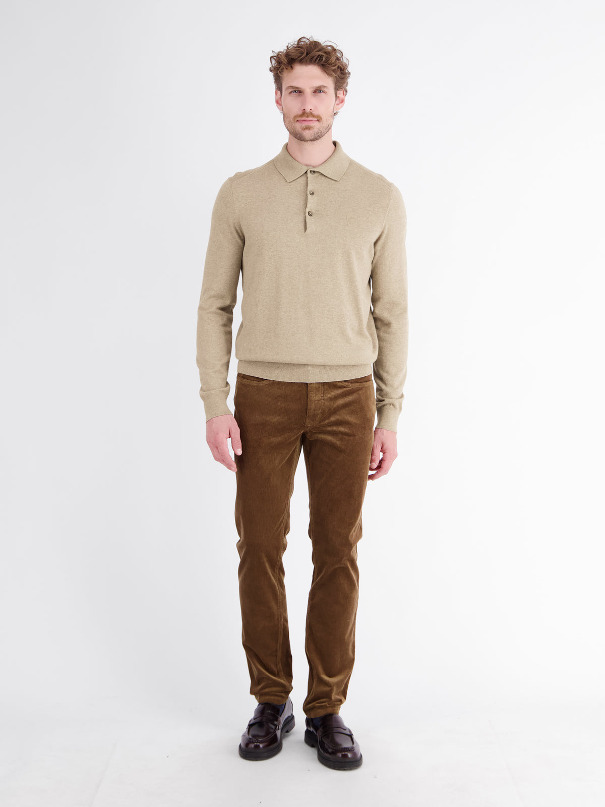 Long-sleeve polo shirt in cotton knit with flexible ribbed cuffs