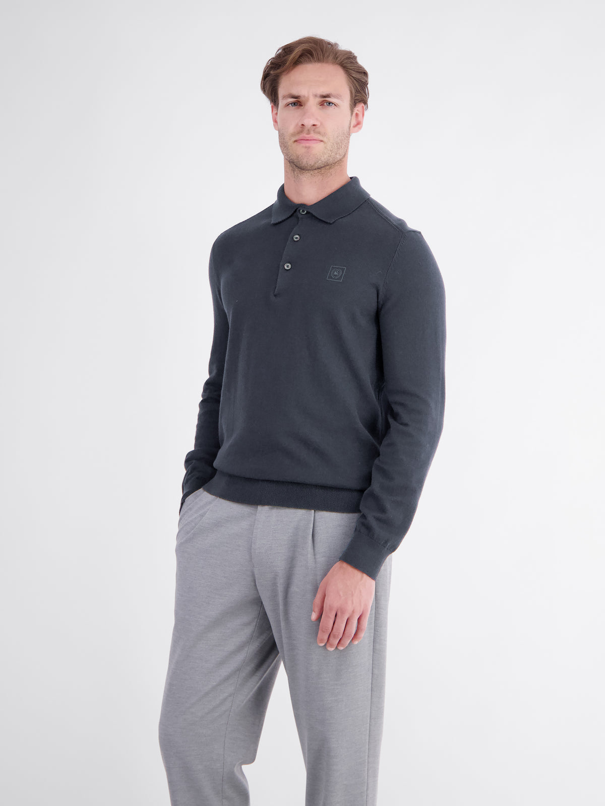 Long-sleeve polo shirt in cotton knit with flexible ribbed cuffs