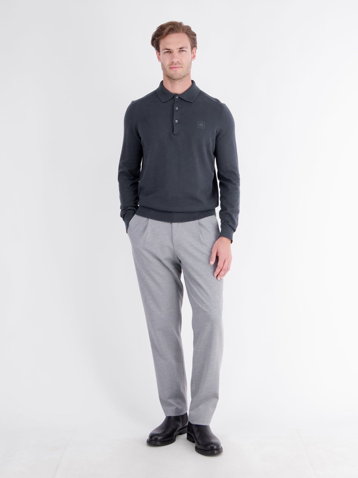 Long-sleeve polo shirt in cotton knit with flexible ribbed cuffs