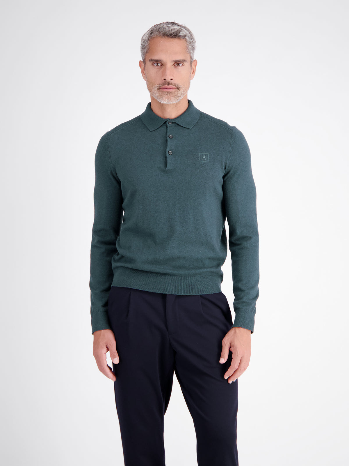 Long-sleeve polo shirt in cotton knit with flexible ribbed cuffs