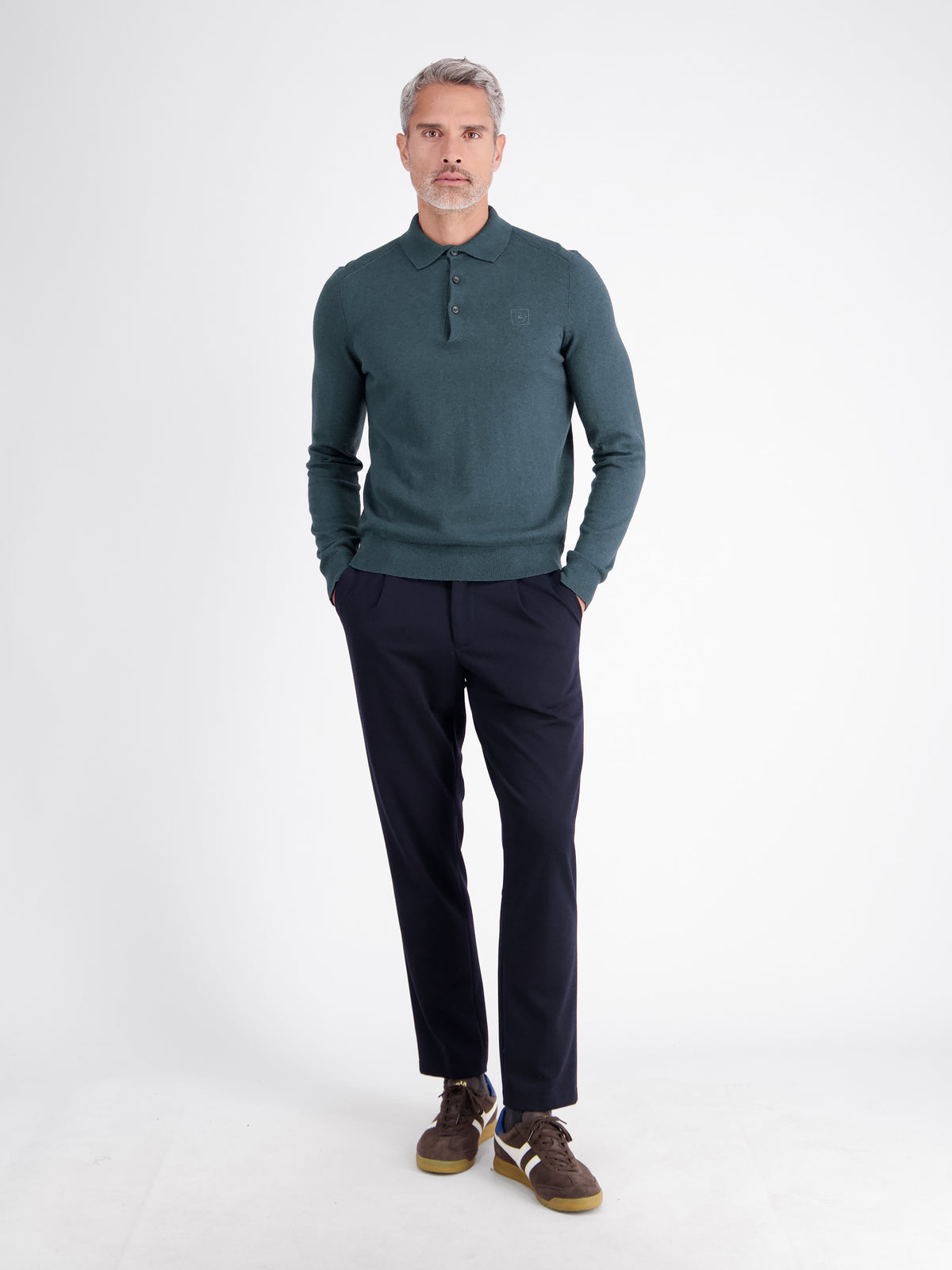 Long-sleeve polo shirt in cotton knit with flexible ribbed cuffs