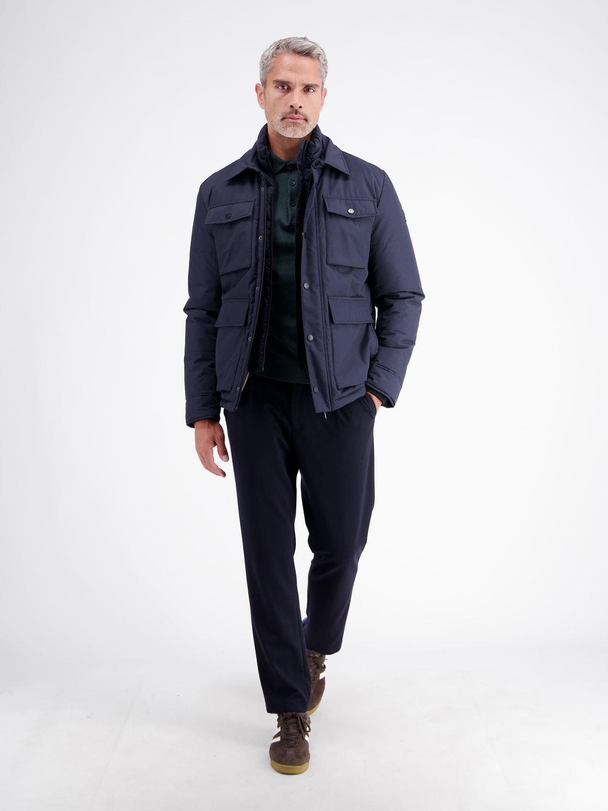 Long-sleeve polo shirt in cotton knit with flexible ribbed cuffs