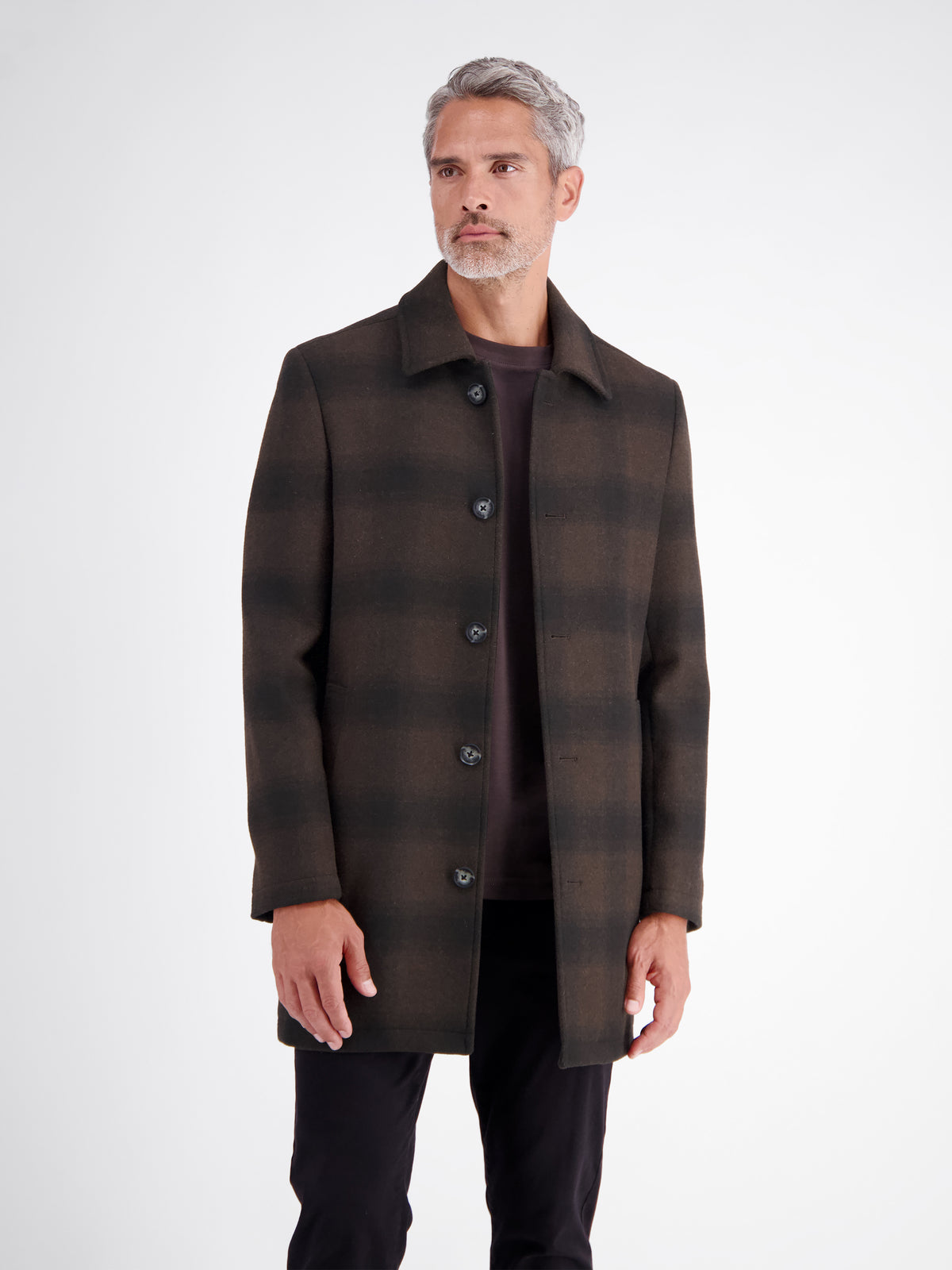 Men's checked short coat with lapel collar