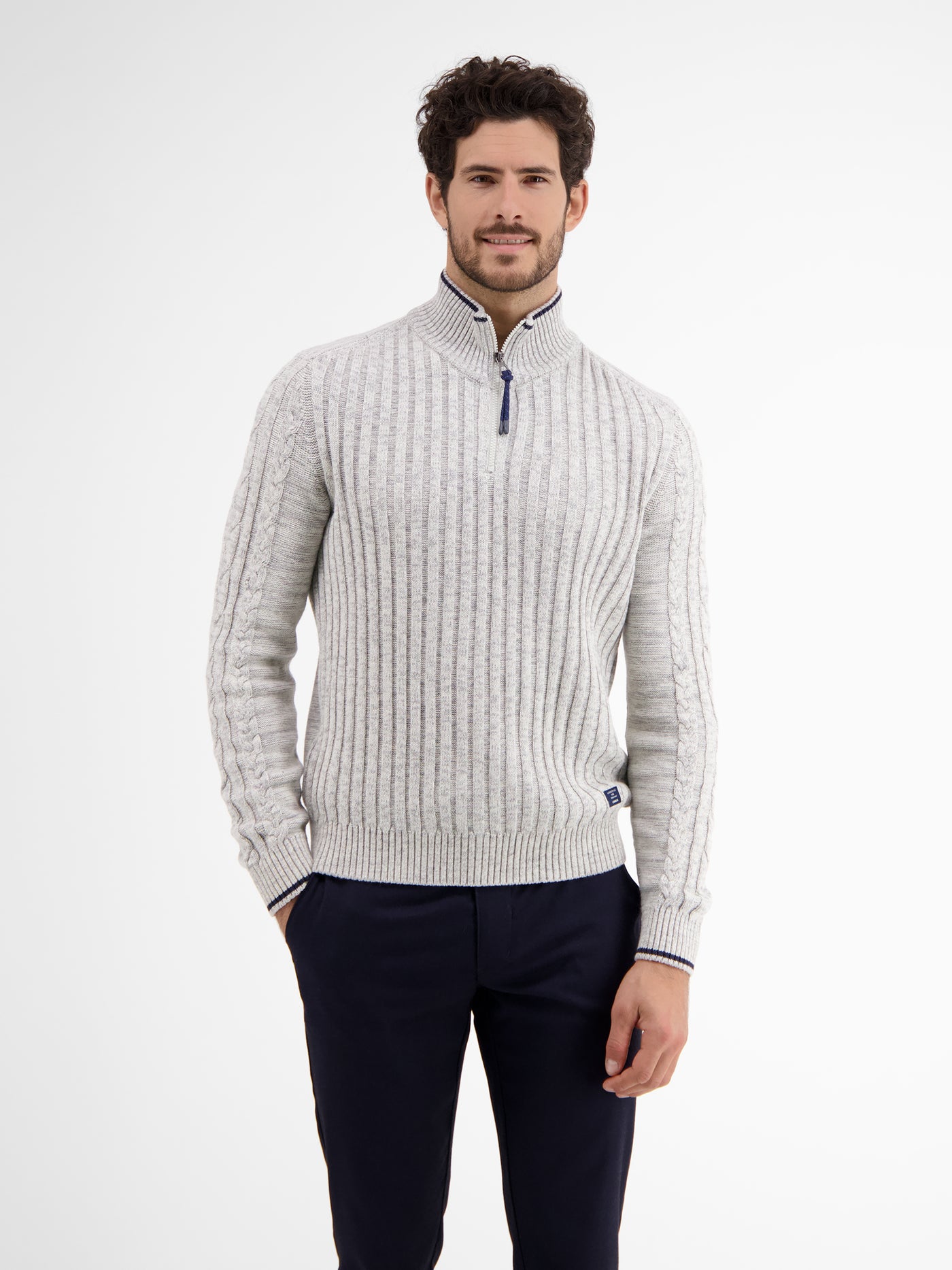 Knit sweater, wide ribbed with stand-up collar